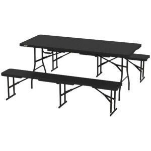6FT 3PCS Faux Rattan Outdoor Camping Table Bench Set with Carrying Handles, Folding Picnic Table with 2 Benches, Black