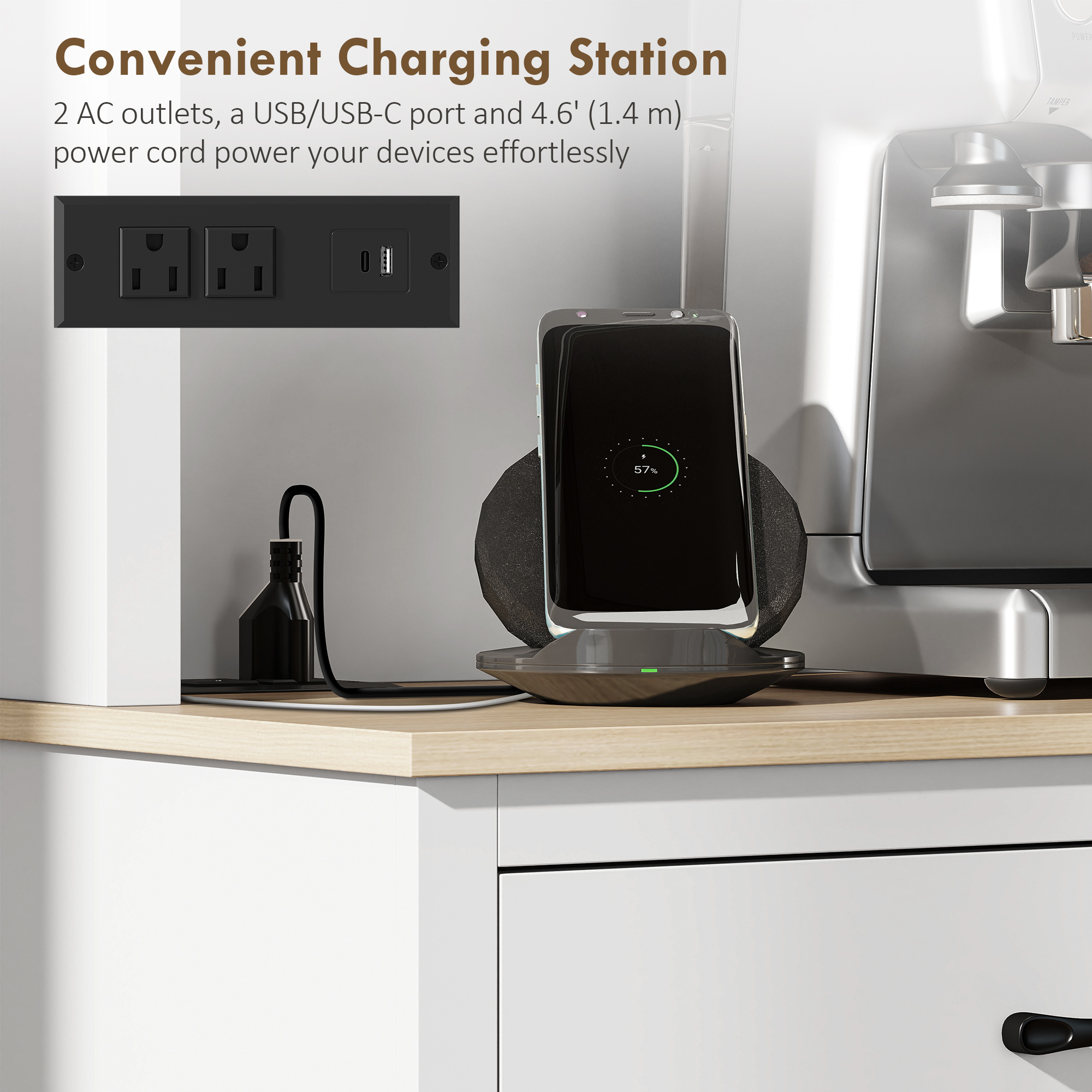 69" Kitchen Pantry Cabinet with Charging Station Kitchen Cabinet with Microwave Stand 7 Gallon Trash Can Cabinet White - Image 4