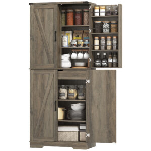 72" Kitchen Pantry Cabinet, Farmhouse Storage Cabinet with 4 Doors, Drawer, 8 Door Shelves and Adjustable Shelf, Grey