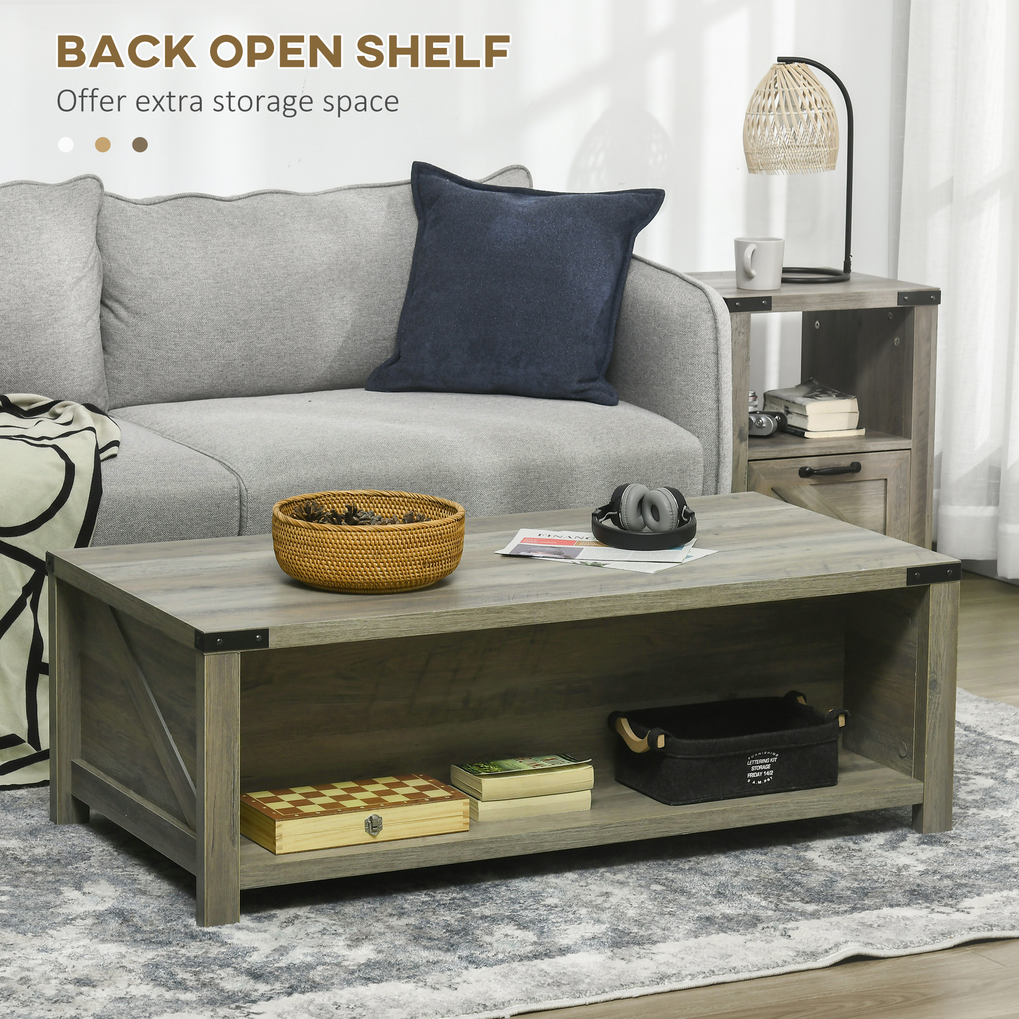 Farmhouse Coffee Table with Drawer and Storage Shelf, Rustic Center Table for Living Room, Meeting Room, Grey - Image 3