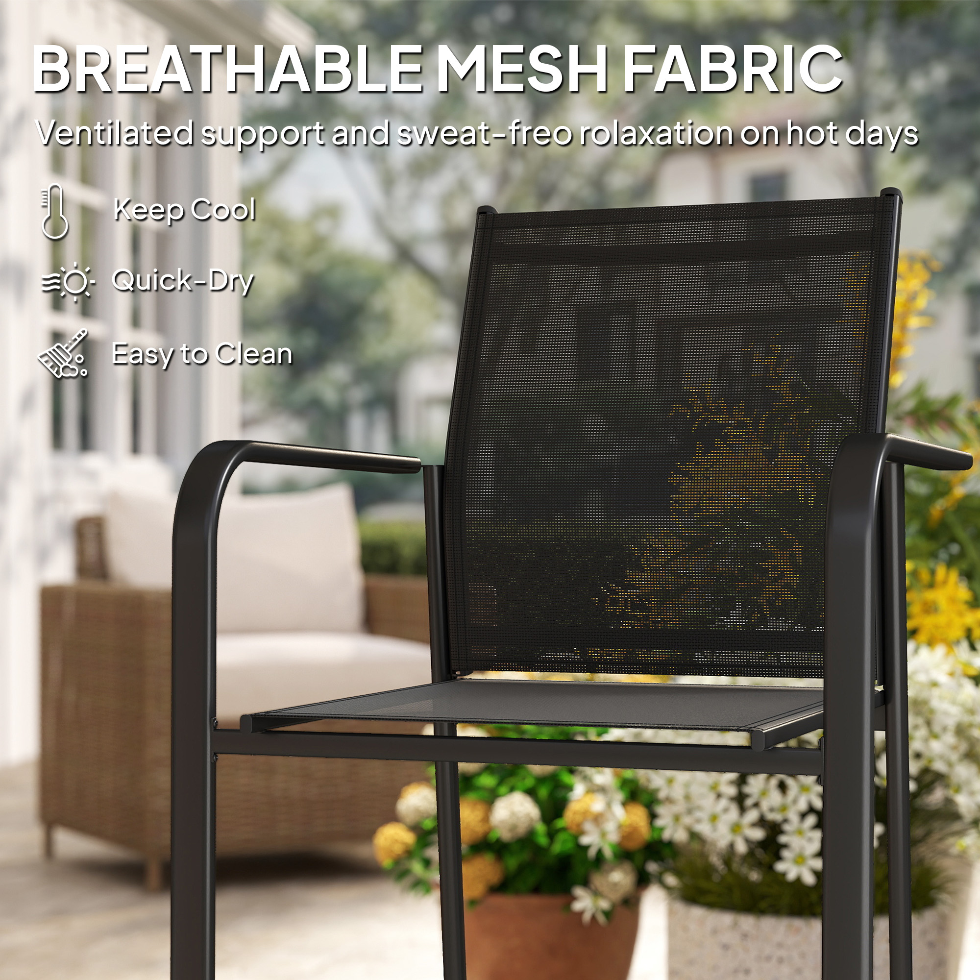 Stackable Patio Chairs Set of 4, Outdoor Dining Chairs with 20" Deep Seat, All Weather Breathable Mesh, Armrests, Black - Image 4