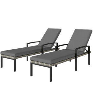 Chaise Lounge Chairs Outdoor, Set of 2 Wicker Patio Lounge Chairs with 5-Level Adjustable Backrest, Cushion