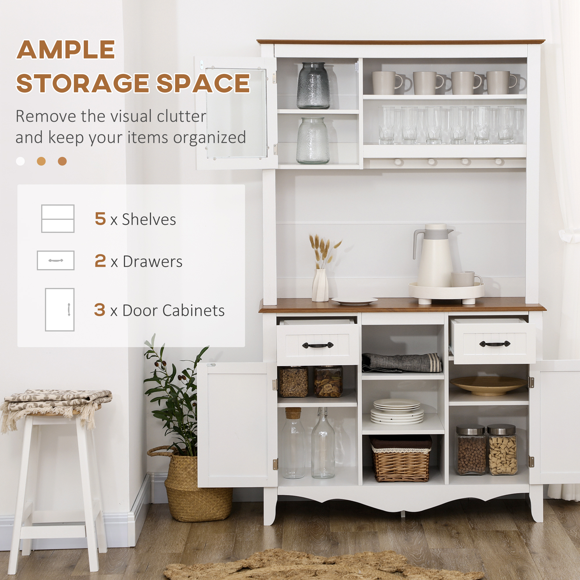 71" Kitchen Buffet with Hutch, Farmhouse Style Storage Cupboard with Utility Drawer, 3 Door Cabinets and 5-tier Shelves, White - Image 2