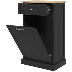 Kitchen Tilt Out Trash Bin Cabinet, Free Standing Recycling Cabinet, Trash Can Holder with Drawer, Black