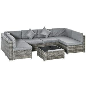 7pc Garden Wicker Sectional Set with Tea Table Patio Rattan Lounge Sofa Outdoor Deck Furniture Light Grey
