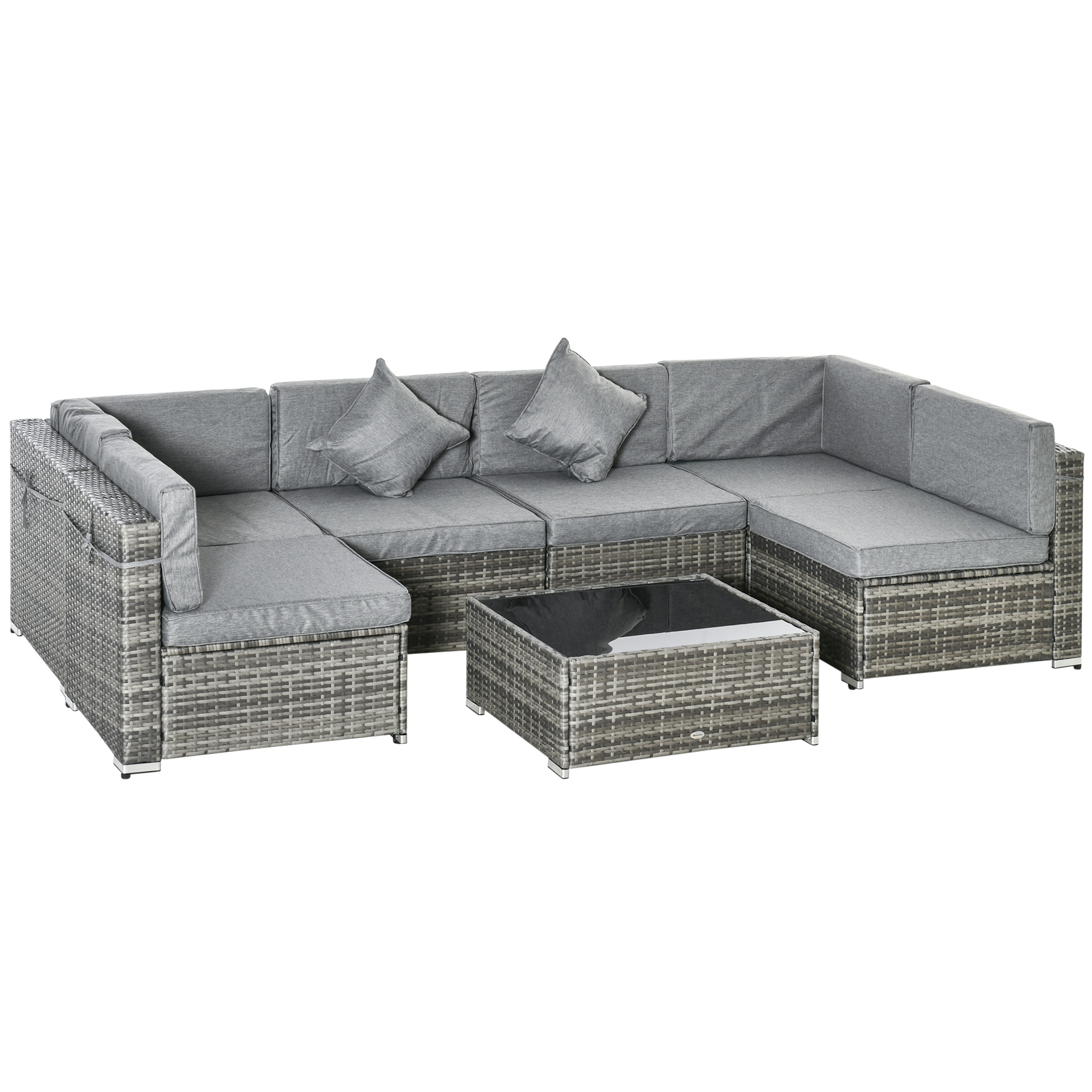 7pc Garden Wicker Sectional Set with Tea Table Patio Rattan Lounge Sofa Outdoor Deck Furniture Light Grey