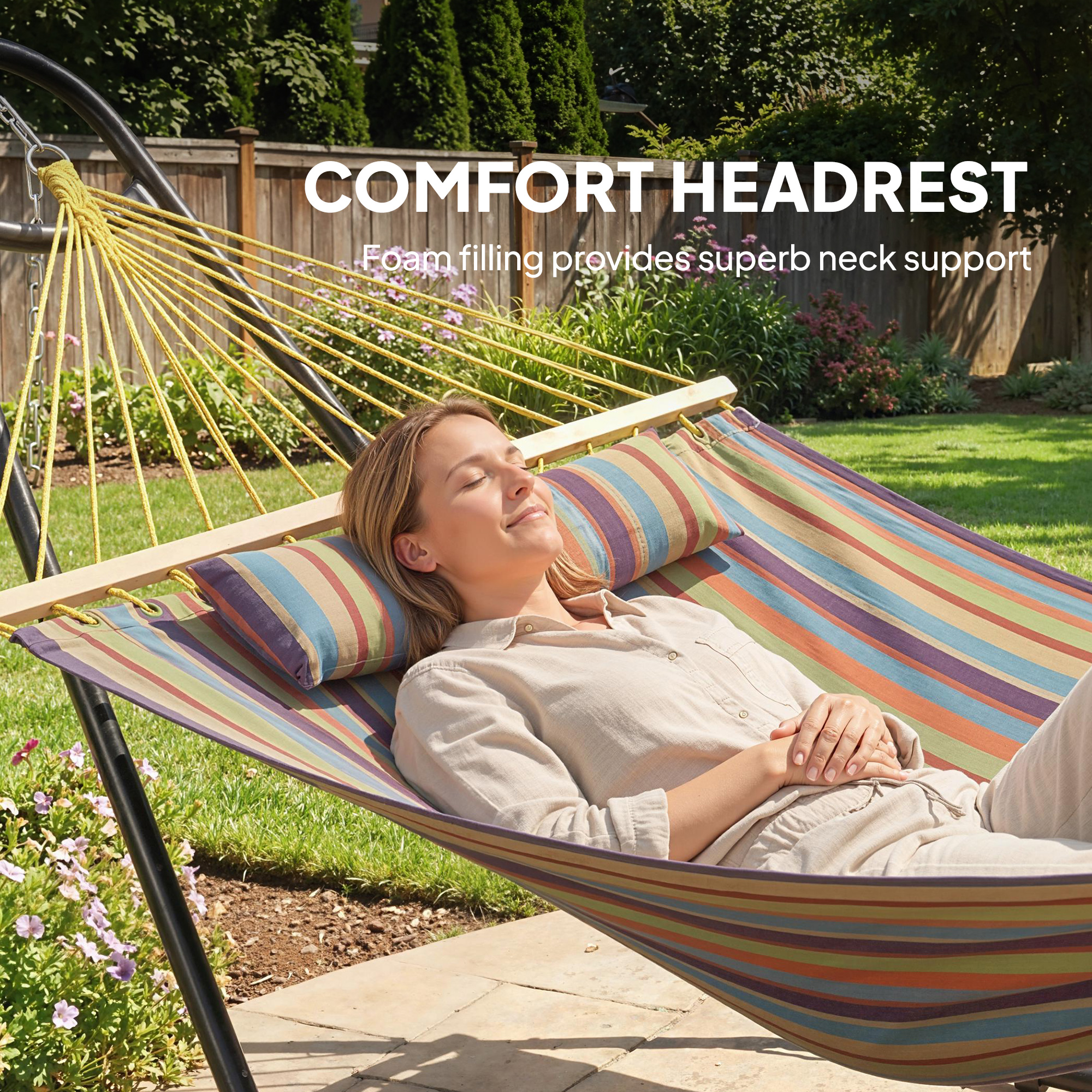 Hammock with Stand, Heavy Duty Camping Hammock with Detachable Pillow and Spreader Bar, 264 lbs Capacity, Multicolor - Image 3