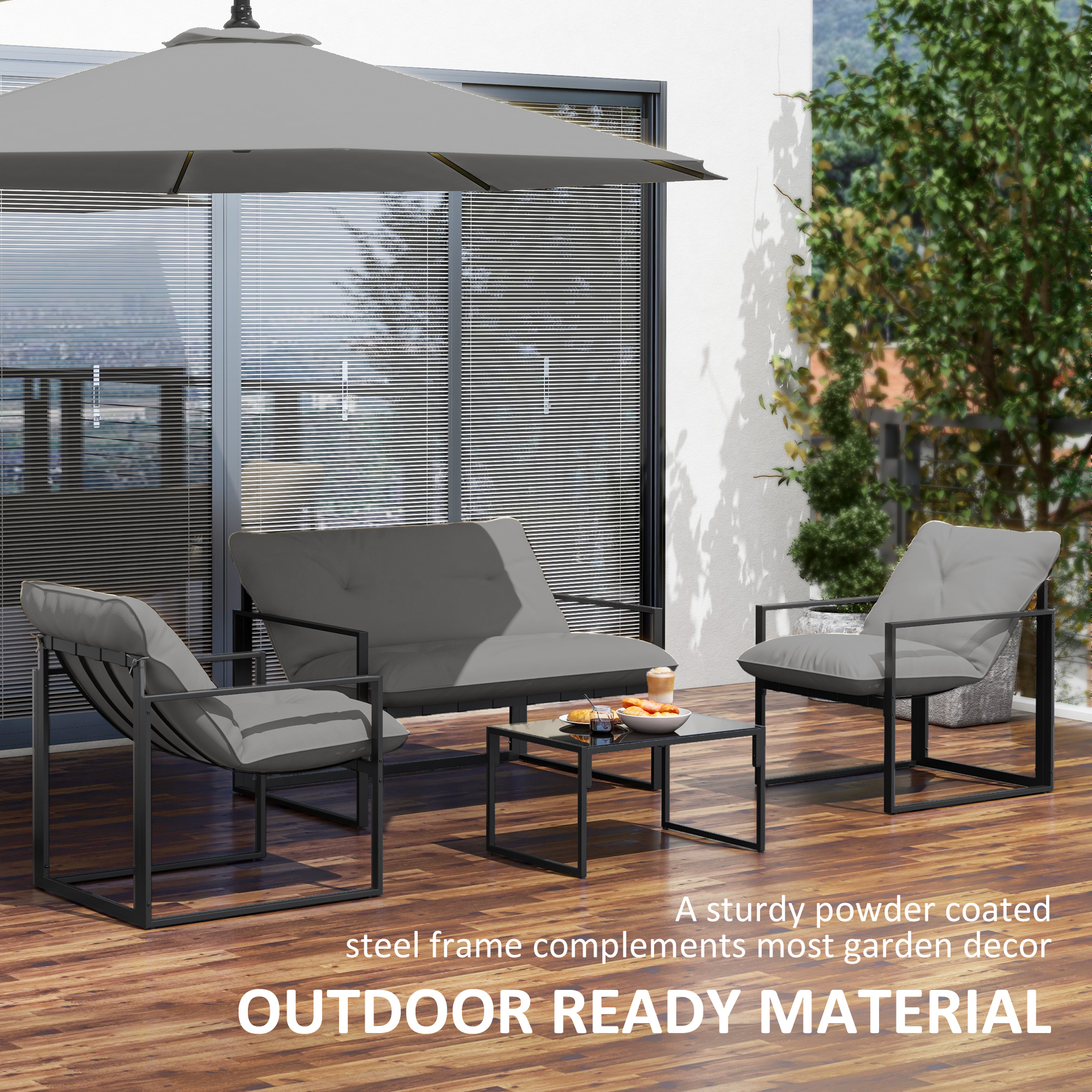 4 Piece Outdoor Furniture Set, Patio Conversation Set with Tempered Glass Table, Loveseat, 2 Chairs and Cushions, Grey - Image 4