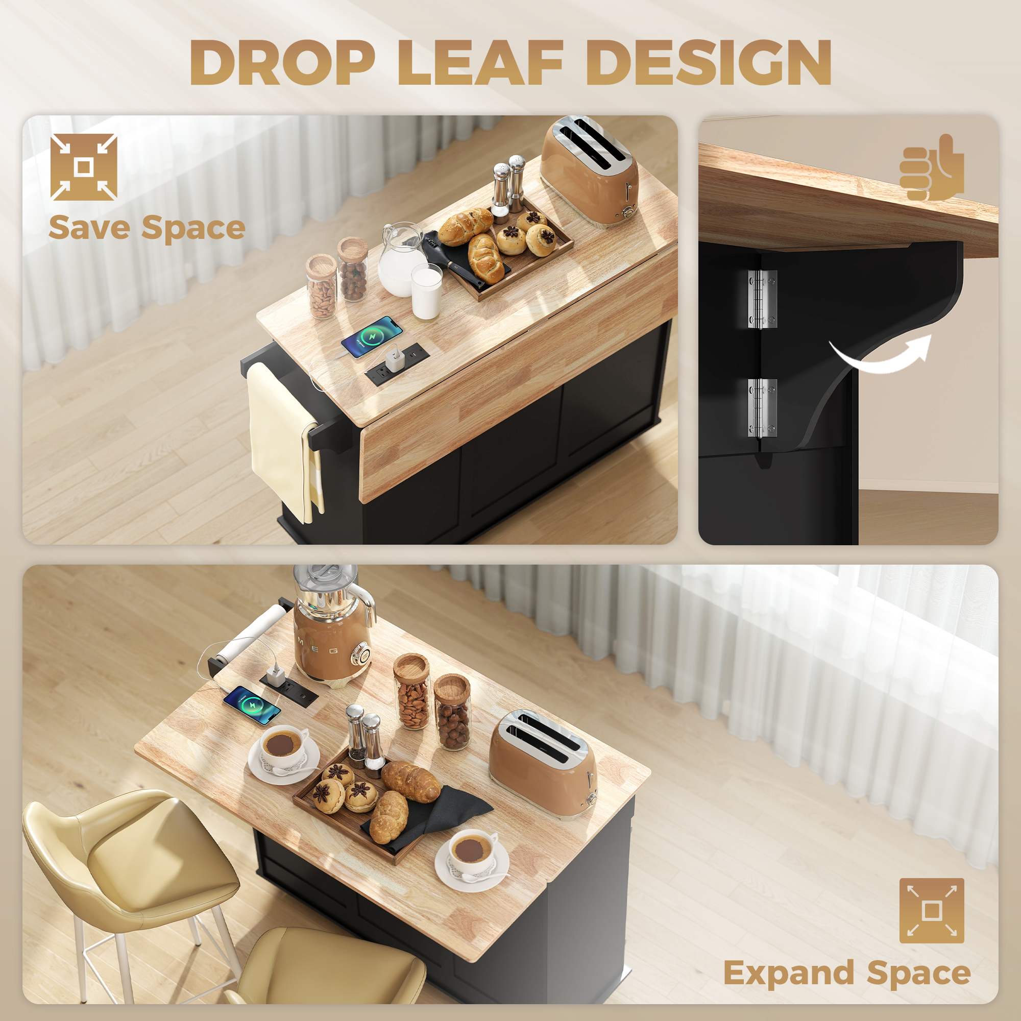 Kitchen Island on Wheels with Wood Drop Leaf, Charging Station, Rolling Kitchen Cart with Adjustable Shelf, Black - Image 2