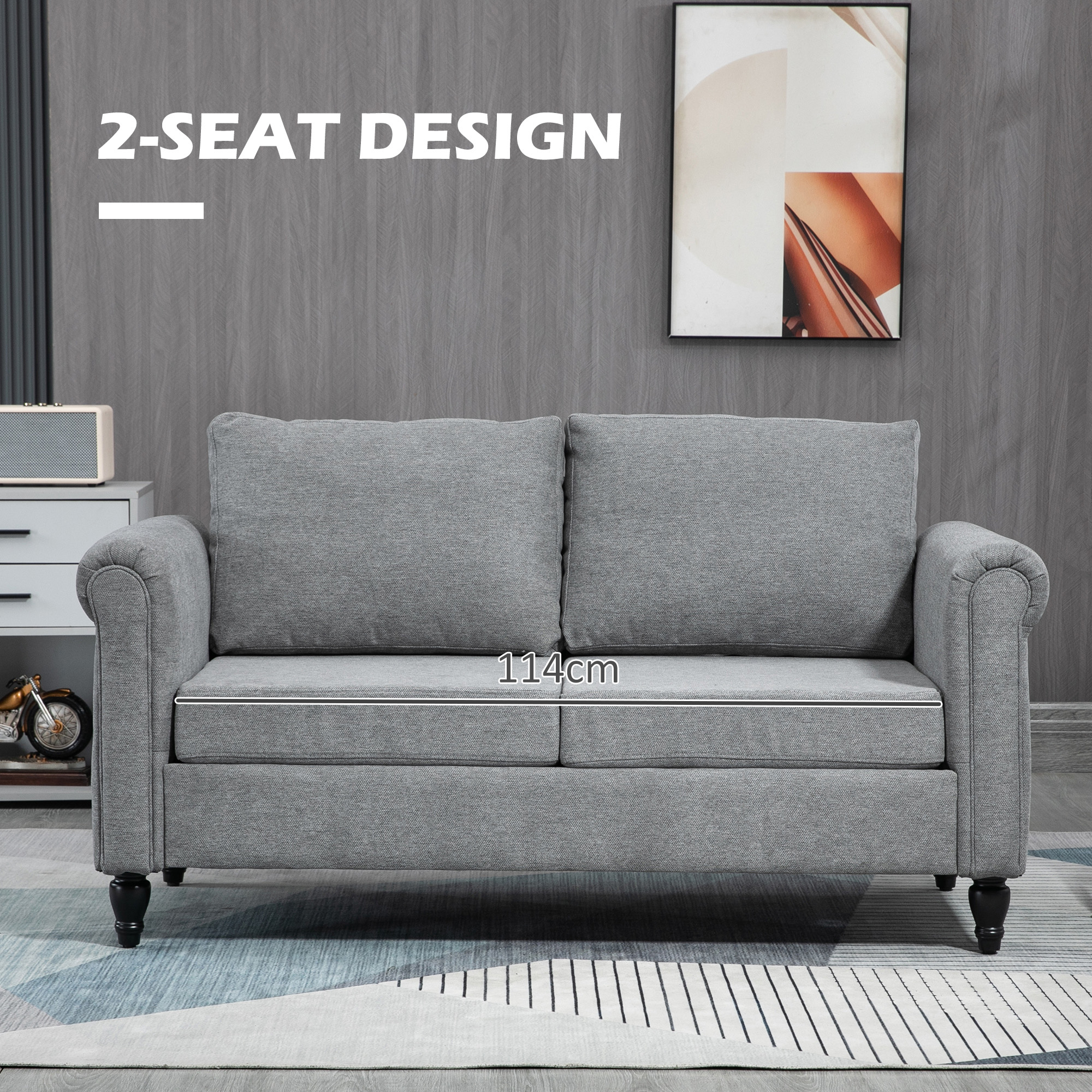 Vintage Loveseat, Upholstered Love Seat Furniture, Chenille-feel Fabric 2 Seater Sofa Couch with Rolled Arms, Gourd-Shaped Rubber Wood Legs for Living Room, Light Grey - Image 4