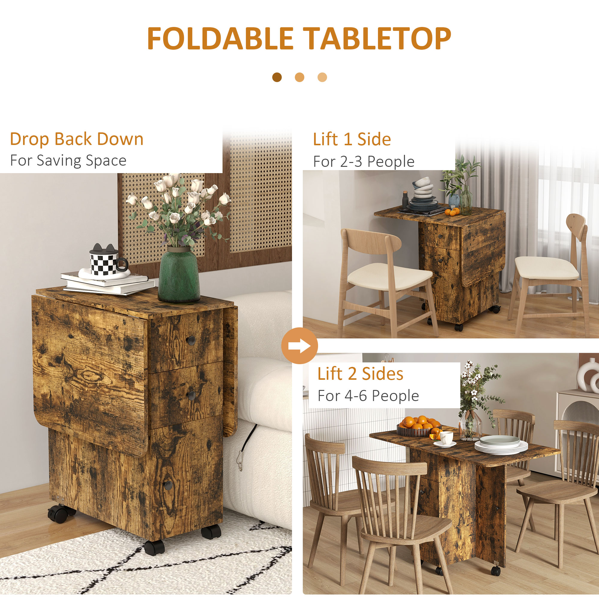 Drop Leaf Dining Table, Mobile Folding Table on Wheels with Drawers and Cabinet for Dining Room, Kitchen, Rustic Brown - Image 3