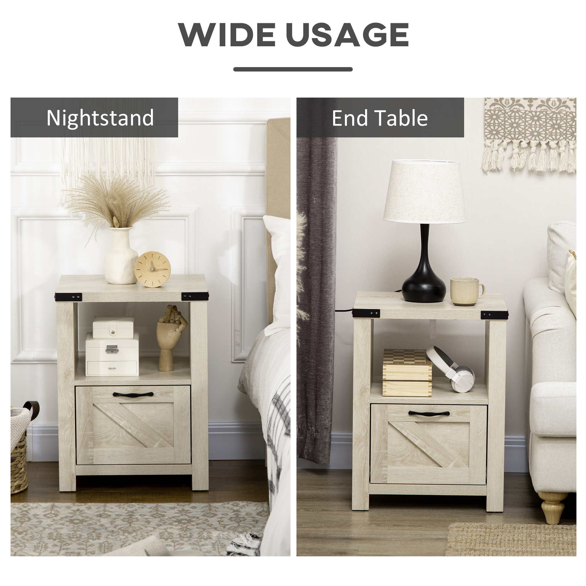 Side Table with Storage, Farmhouse End Table with Drawer, Open Shelf and Barn-style Panel, Nightstand for Living Room, Bedroom, Oak - Image 3