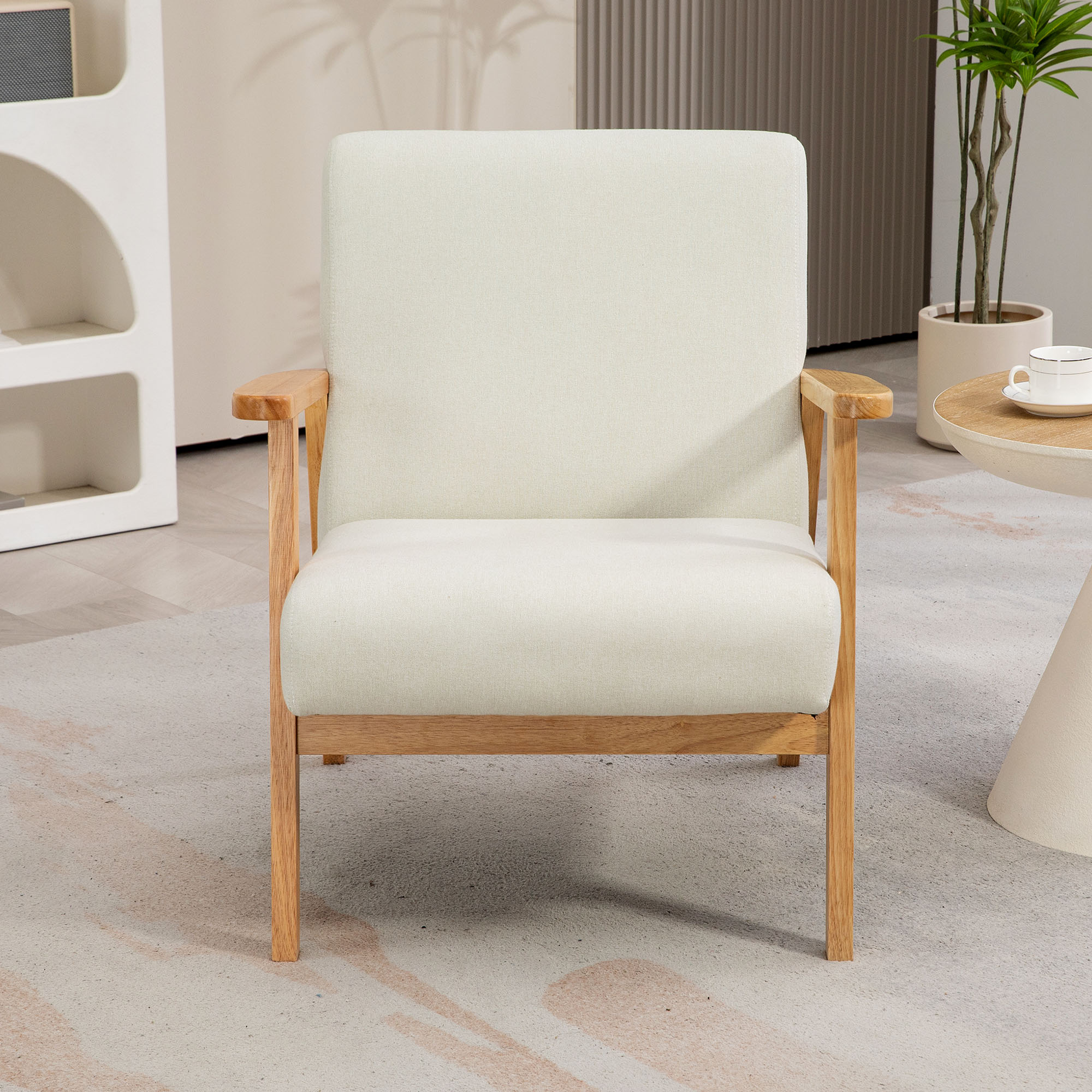 Mid-Century Modern Accent Chair Retro Fabric Armchair Wooden Arm Upholstered Lounge Chair for Living Room Cream White - Image 4