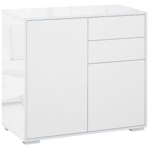 High Gloss Buffet Sideboard with 2 Drawers, 2 Doors and Adjustable Shelf, Kitchen Storage Cabinet with Push Open Design, White