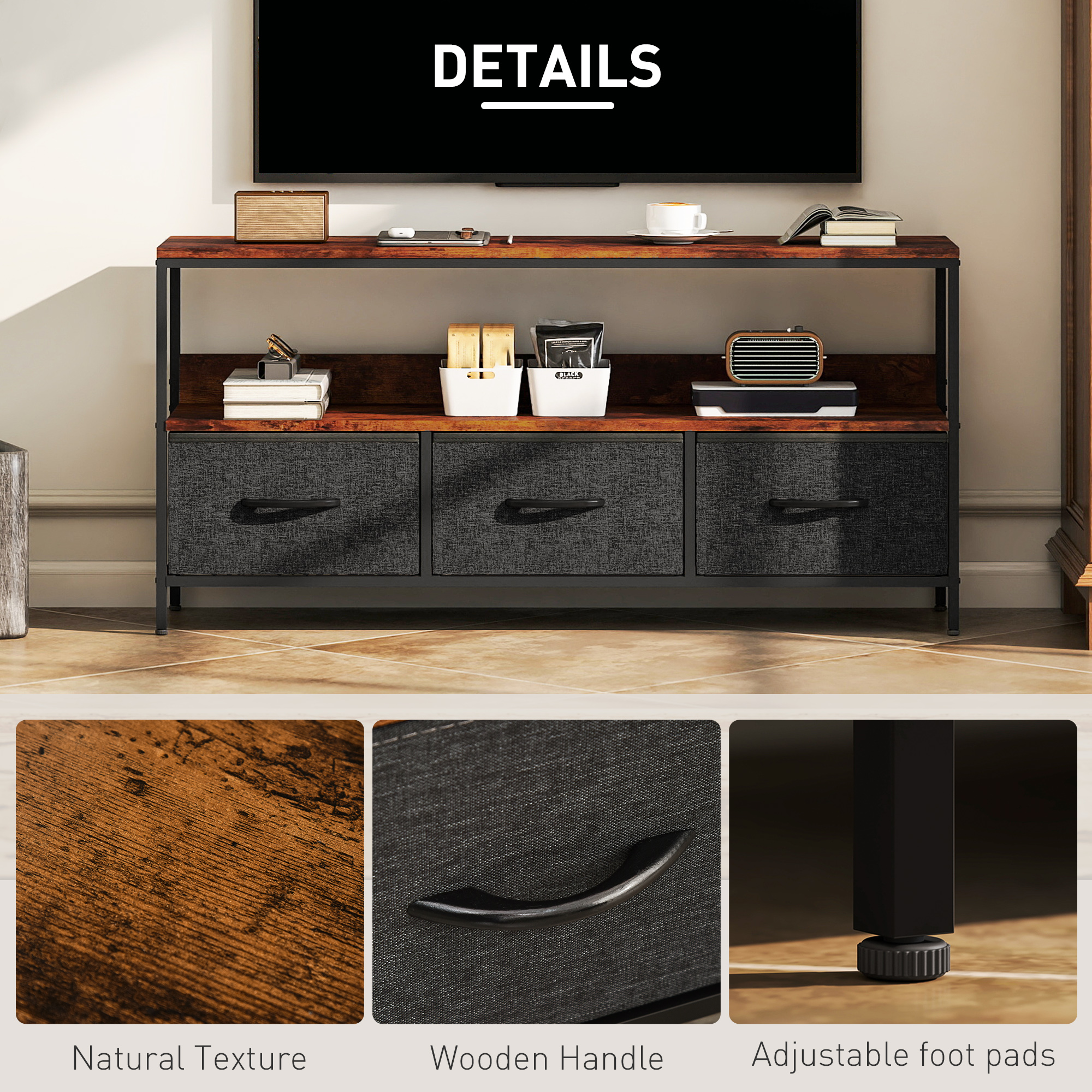TV Stand with Charging Station, TV Table with 3 Foldable Linen Drawers and Open Shelf for 55 Inch Television, Rustic Brown - Image 4