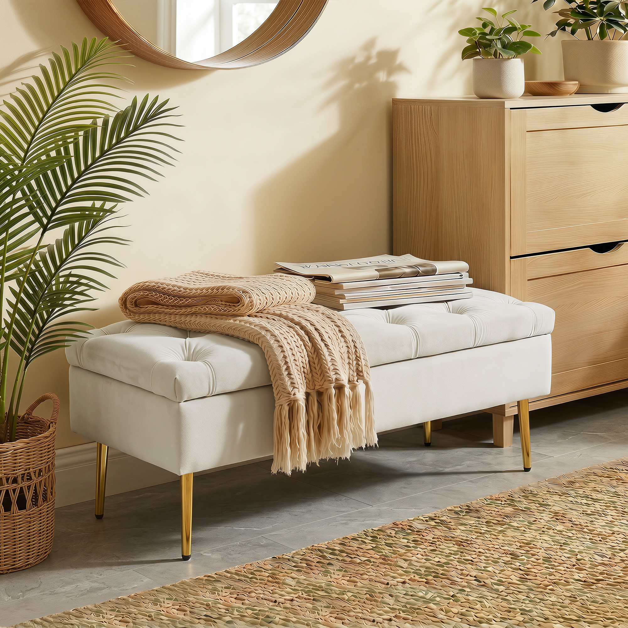 Upholstered Bedroom Bench with Gold Tone Metal Legs, Velvet Tufted and Thick Padding, Beige - Image 6
