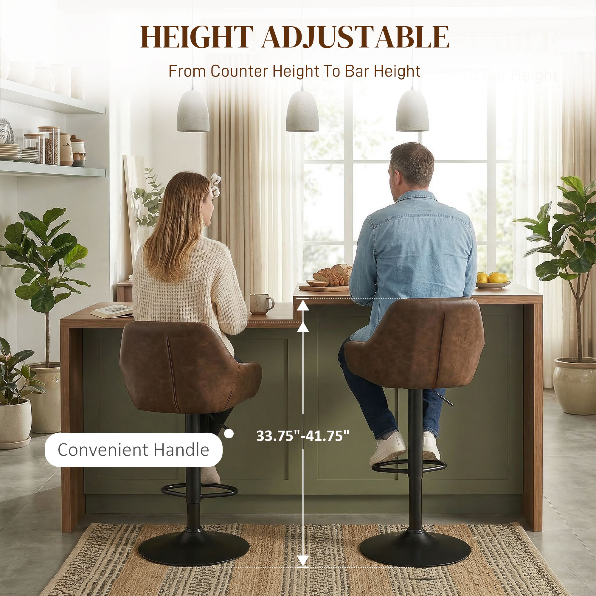 Adjustable Bar Stools Set of 2, Swivel Barstools with Footrest and Back, PU Leather and Steel Round Base, Coffee - Image 3