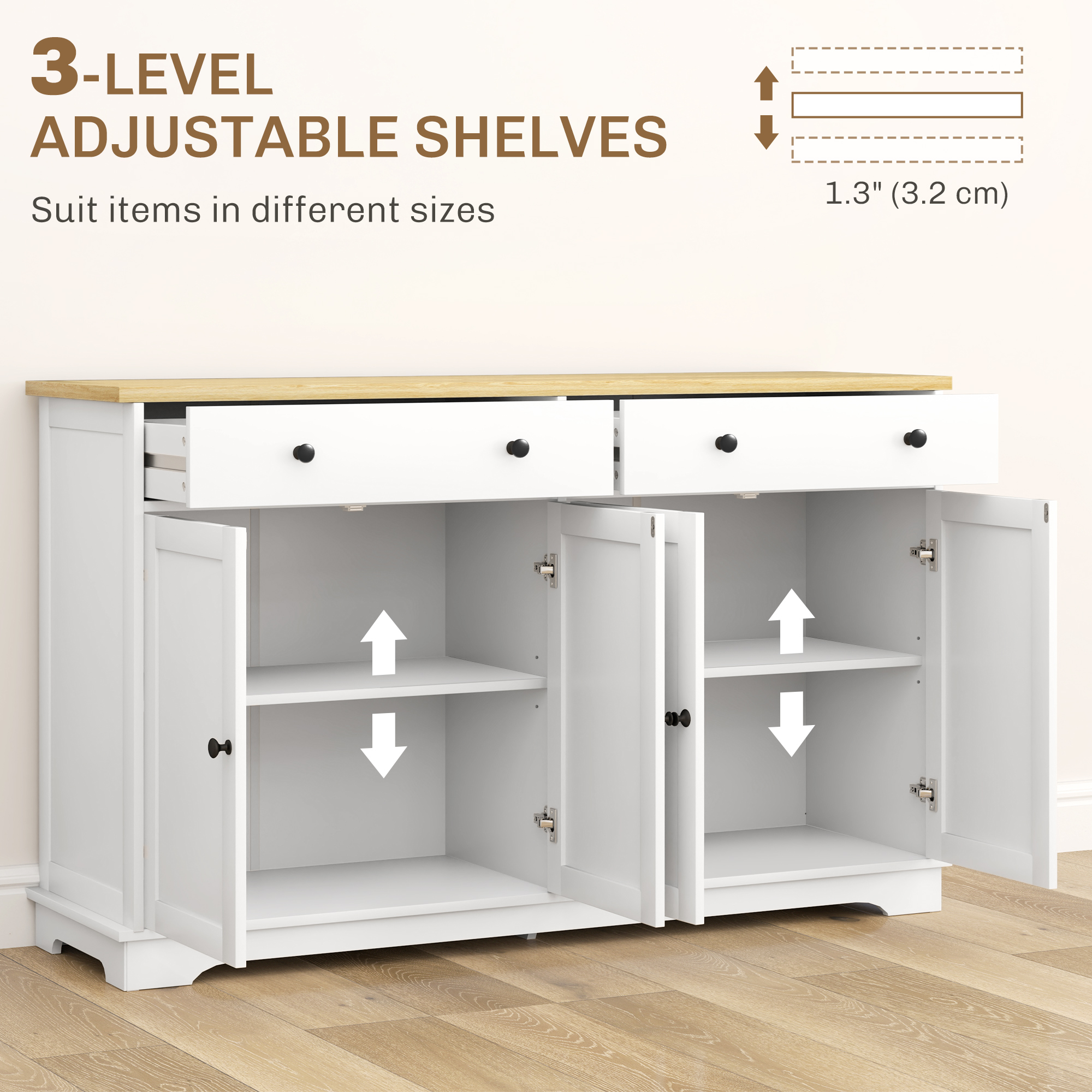 Modern Sideboard, Buffet Cabinet with Storage Drawers, Adjustable Shelves for Living Room, Dining Room, Entryway, White - Image 3