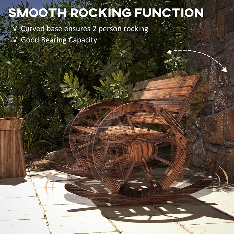 Rocking Outdoor Bench, Wood Outdoor Loveseat with Wagon Wheel Armrests, Carbonized - Image 4