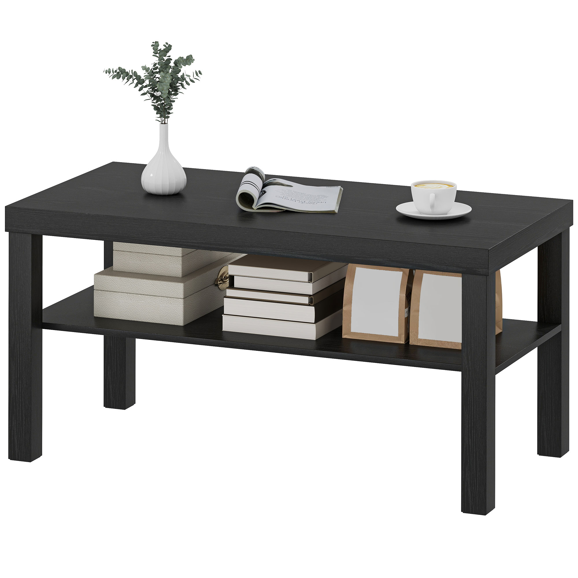 2 Tier Coffee Table, Rectangular Center Table with Storage Shelf for Living Room, Home Office, Black