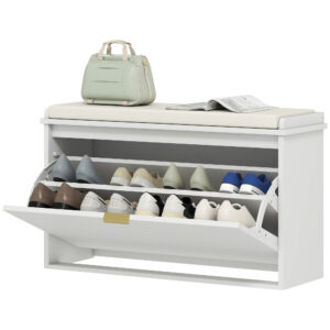 Entryway Bench with Padded Seat and Flip-Drawers, Holds up to 265lbs, Shoe Storage Bench for 8 Pairs of Shoes, White