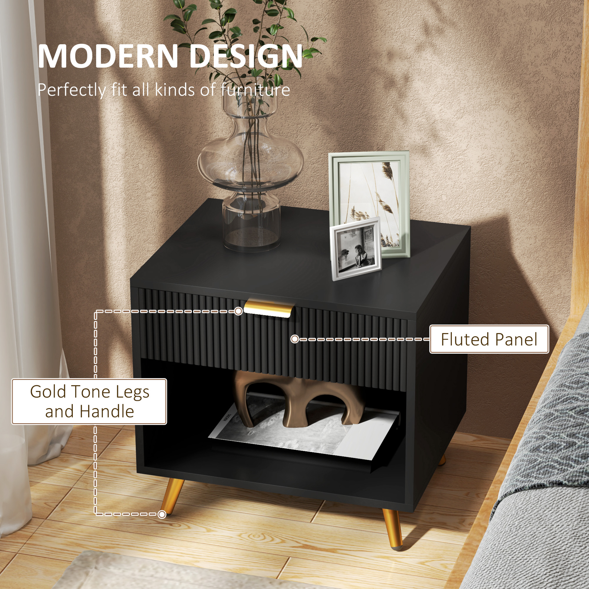 Nightstand with Fluted Panel, Bedside Table with Drawer and Open Compartment, Modern Night Table for Bedroom, Black - Image 2