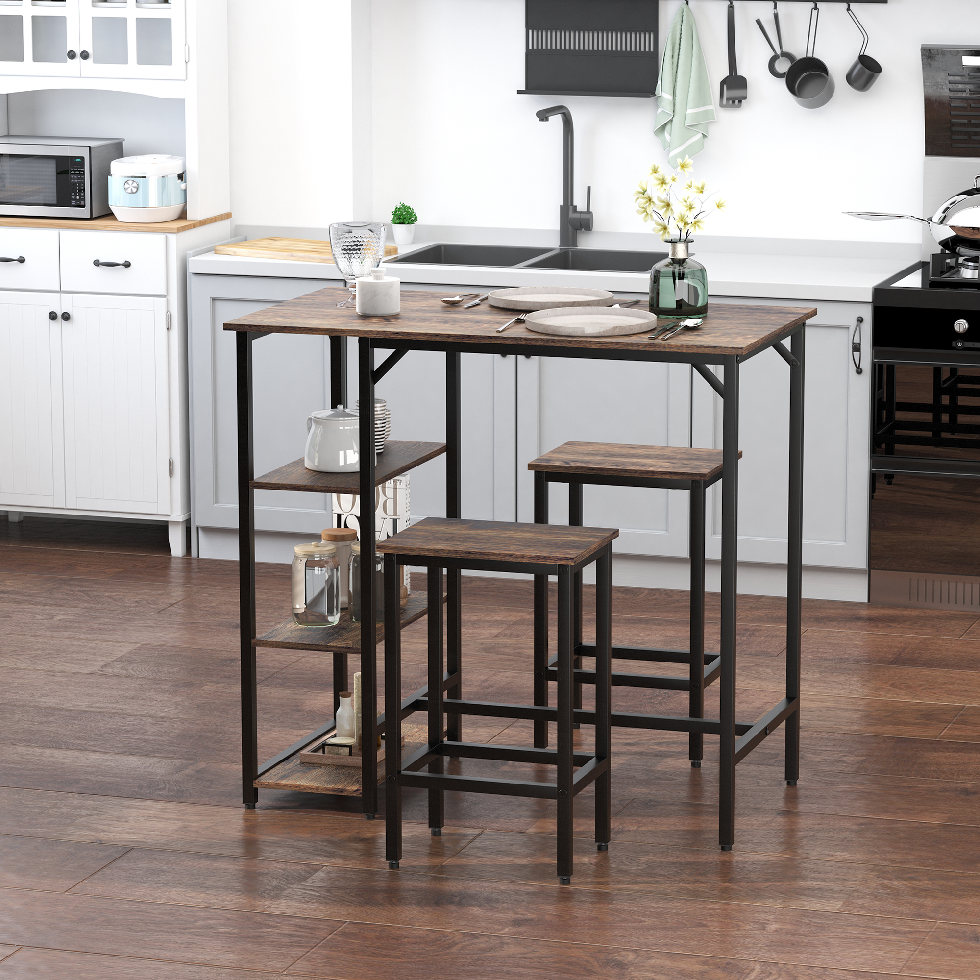Industrial Dining Table Set for 2, Bar Table and Stools Set, Counter Height Kitchen Table with Chairs with Storage Shelf, Rustic Brown - Image 6