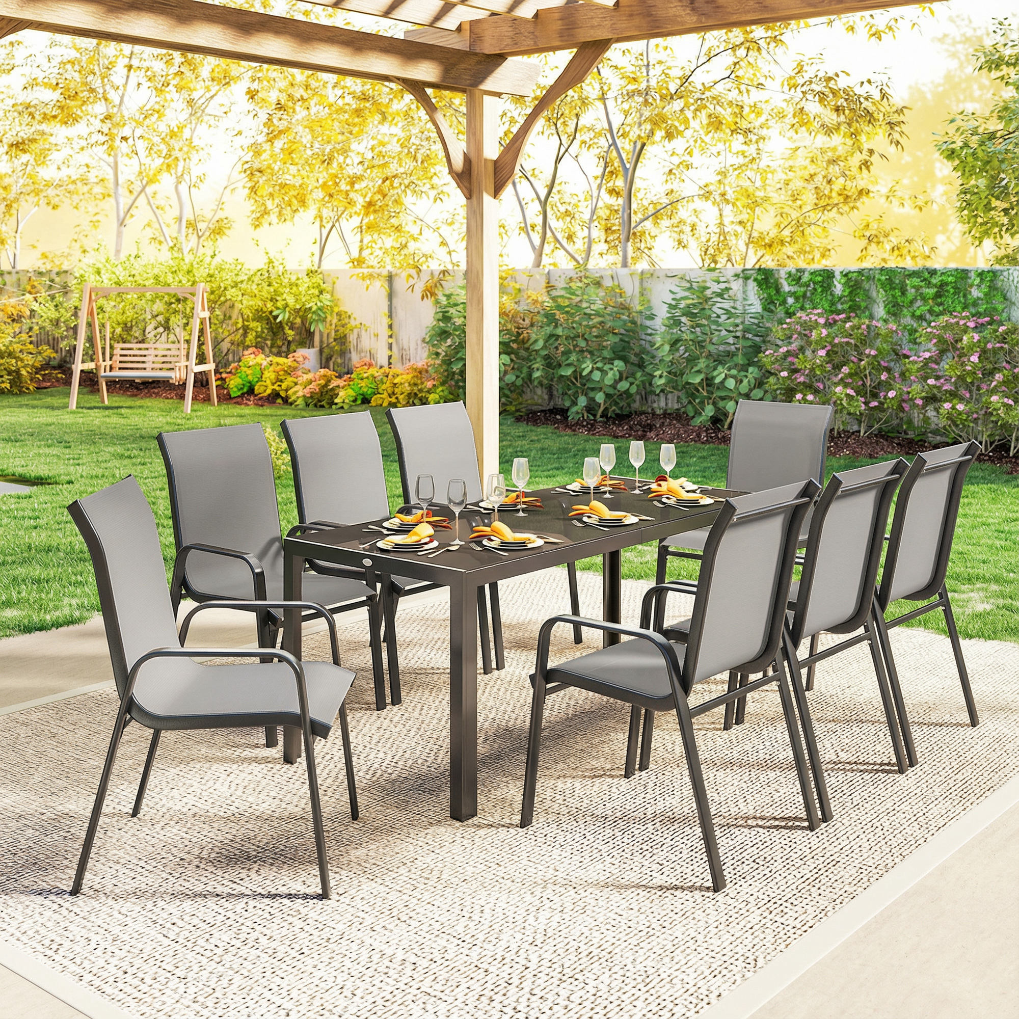 9 Pieces Patio Set with Stackable Chairs, Patio Dining Set with Glass Top for Garden, Patio, Backyard, Light Grey - Image 5