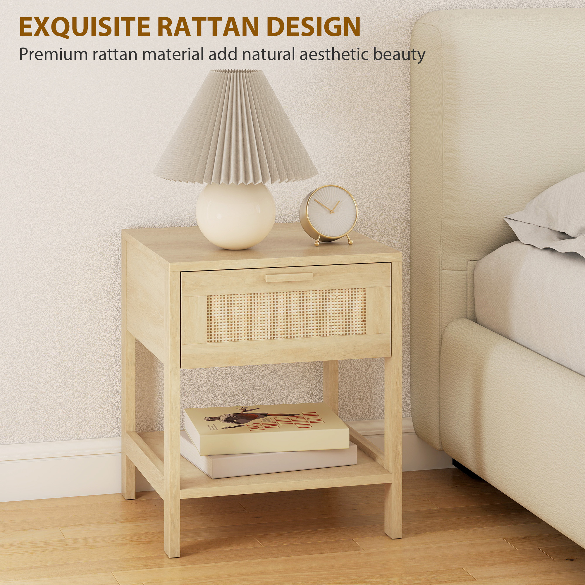 Narrow Nightstand with Rattan Elements, Bedside Table with Drawer and Storage Shelf for Bedroom, Set of 2, Natural Wood - Image 2