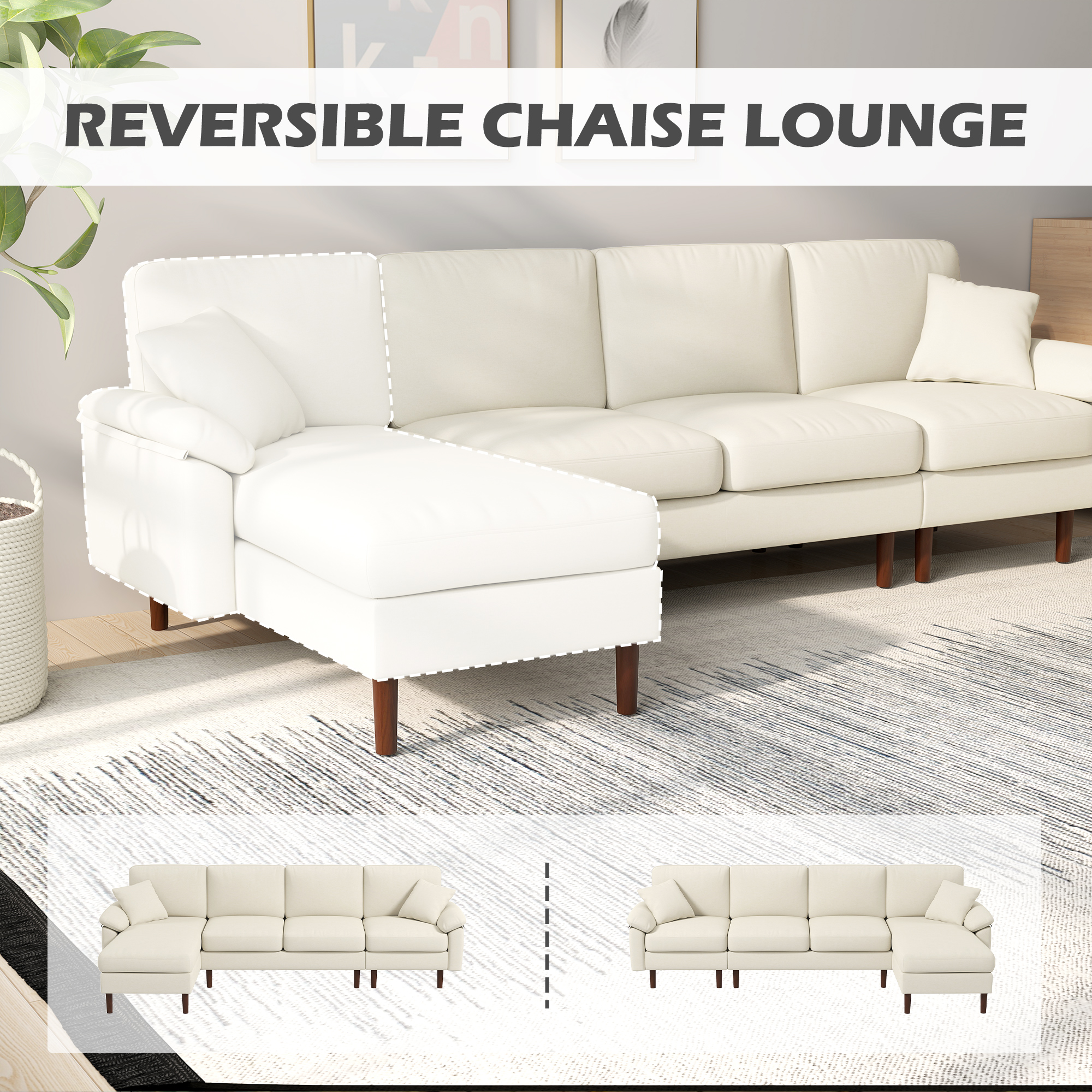 L-Shape Sofa, Modern Sectional Couch with Changeable Chaise Lounge, Pillows and Wooden Legs for Living Room, Cream White - Image 3