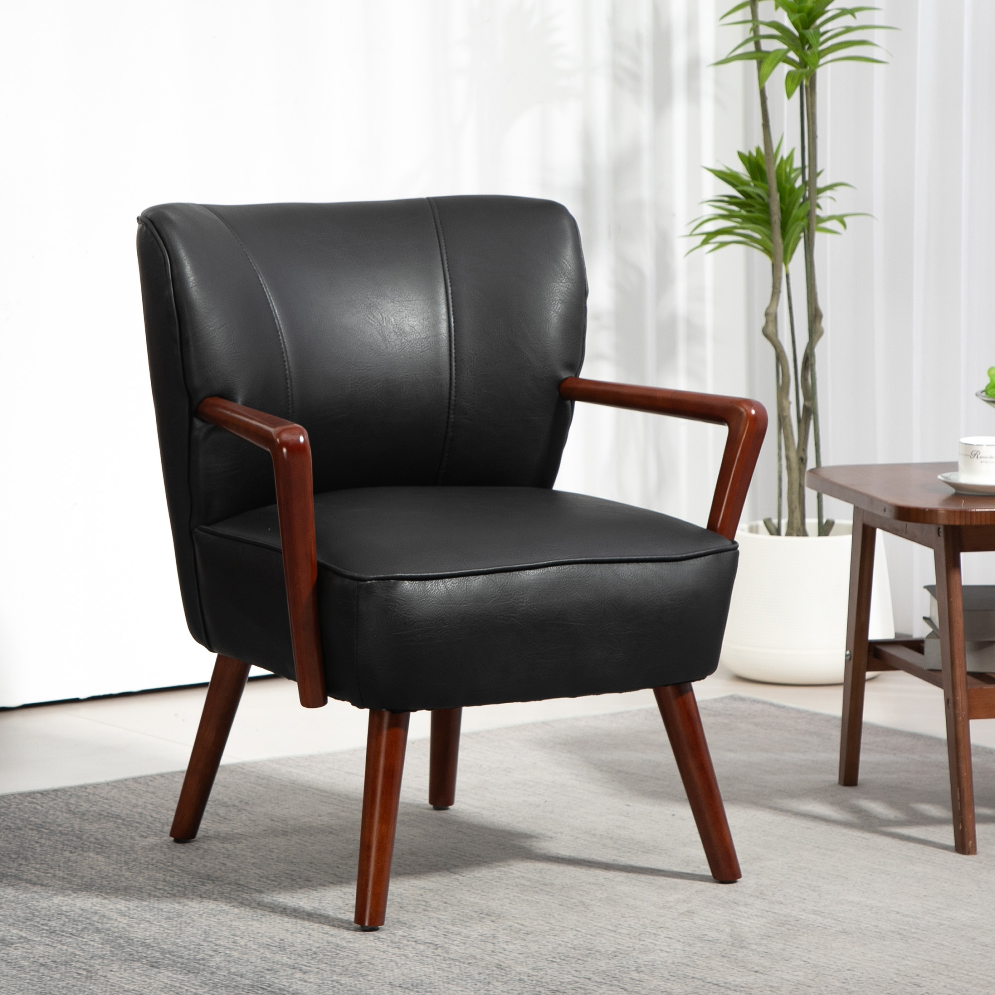 Accent Chair, Modern Armchair, Faux Leather Upholstered Living Room Chair with Wood Legs and Wide Padded Seat, Black - Image 6