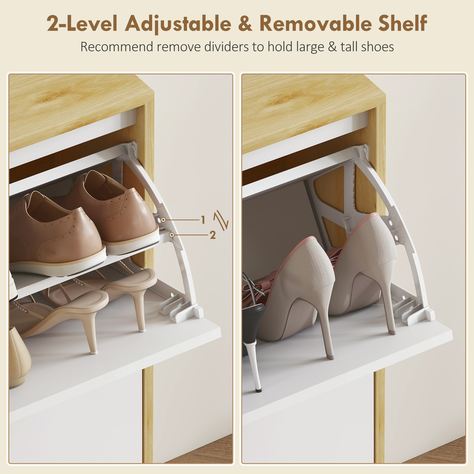 Narrow Shoe Cabinet, High Gloss Shoe Storage Cabinet with 2 Flip Drawers and Adjustable Shelves, Holds 16 Pairs, White - Image 4
