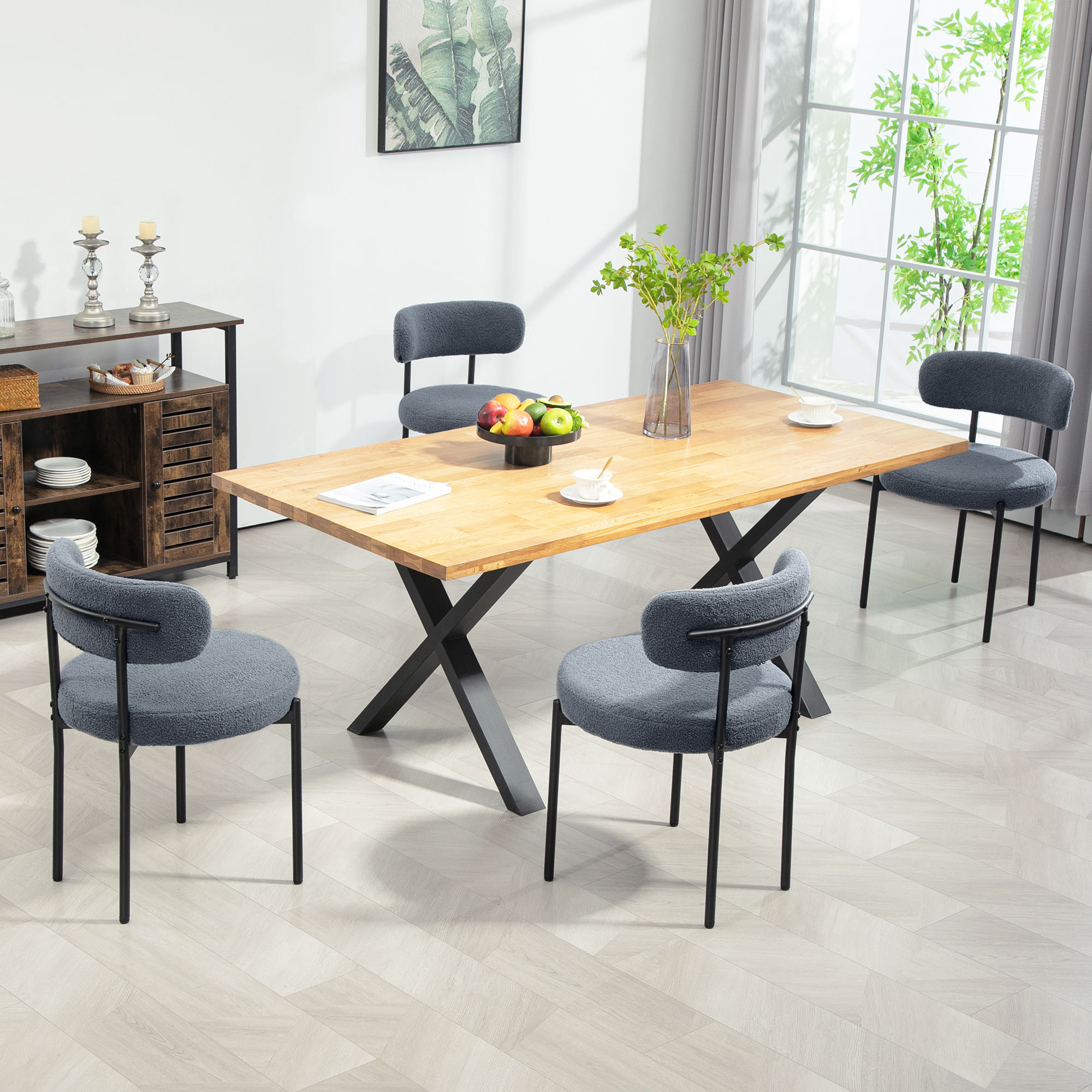4 Pieces Kitchen Chairs, Modern Dining Chairs w/ Berber Fleece Upholstery and Steel Legs for Living Room, Grey - Image 6
