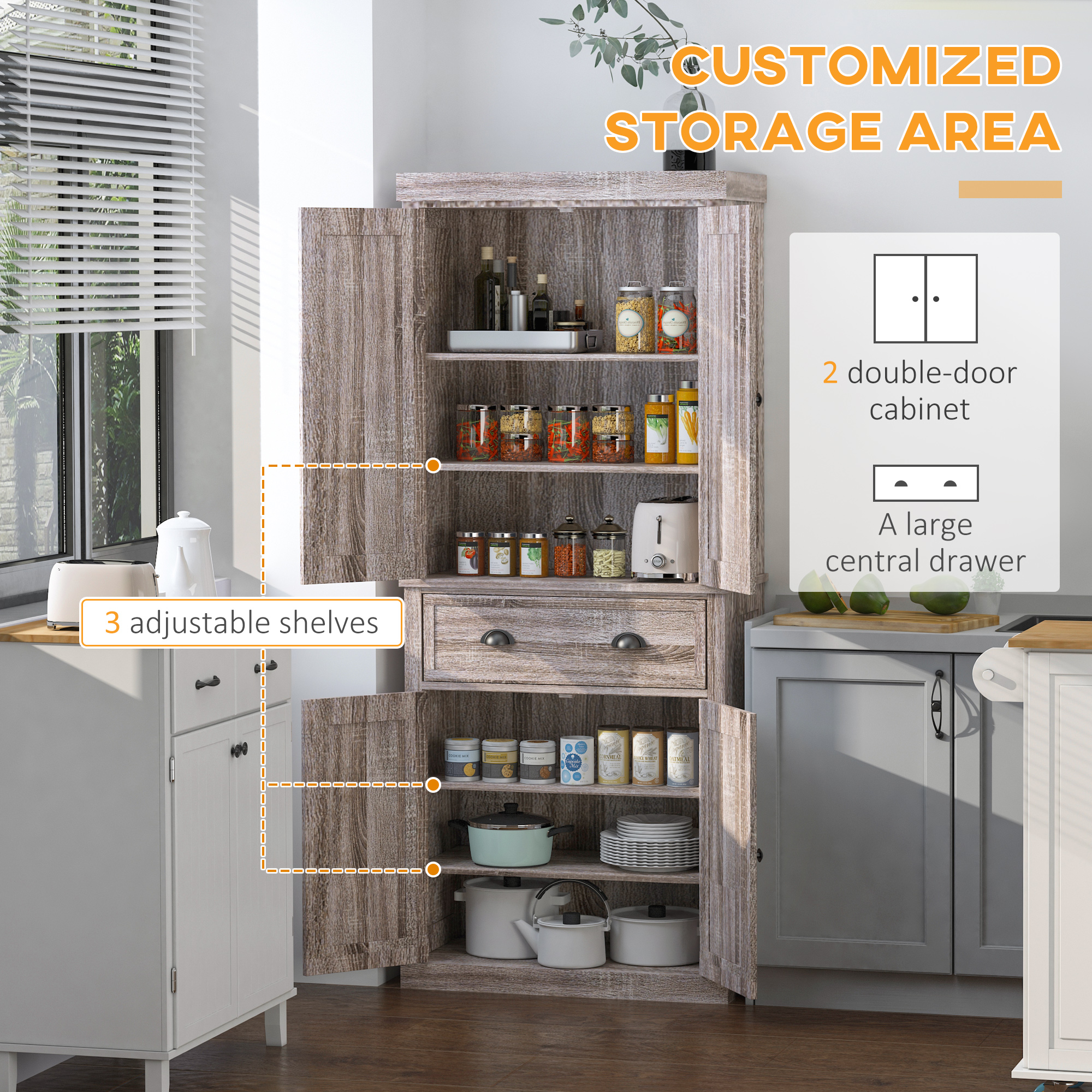 Long Standing Kitchen Cabinet w/ 2 Drawers MDF Board, Wood Grain - Image 3