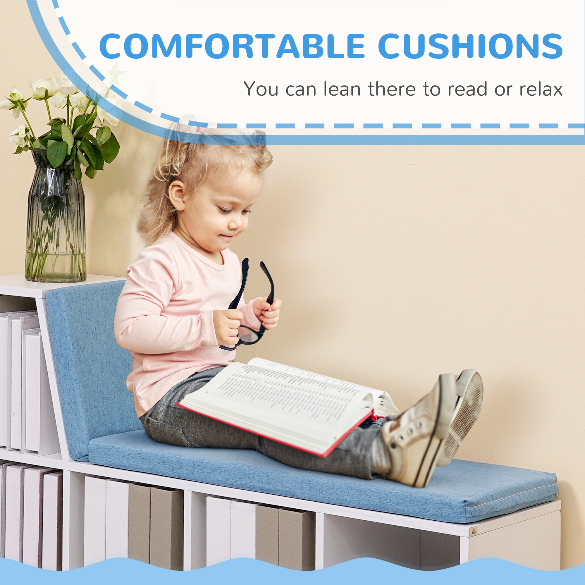 Multi-Purpose Bookshelf with 5 Cubes, 5-Cubby Bookcase with Cushioned Reading Nook and Storage Shelves, Blue - Image 4