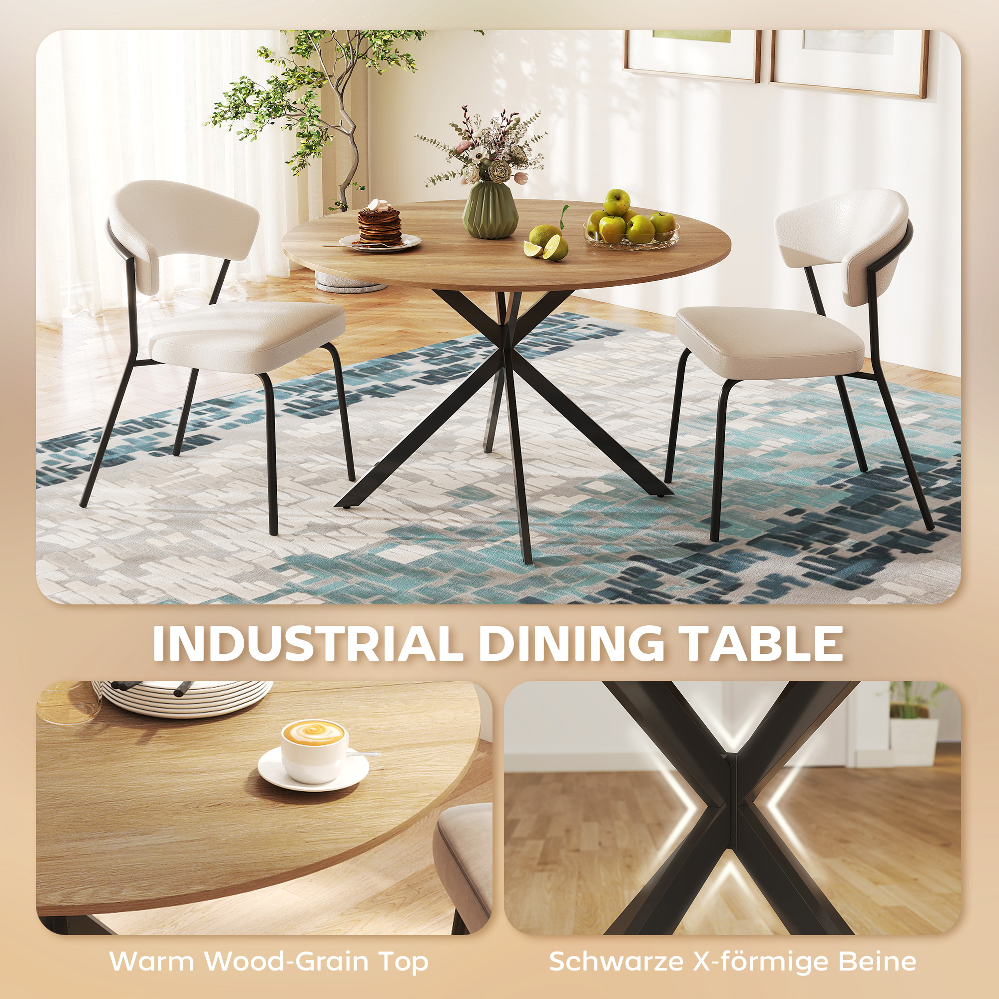 47" Round Kitchen Table for 4, Industrial Dining Table with Steel Legs for Dining Room, Brown and Black - Image 2