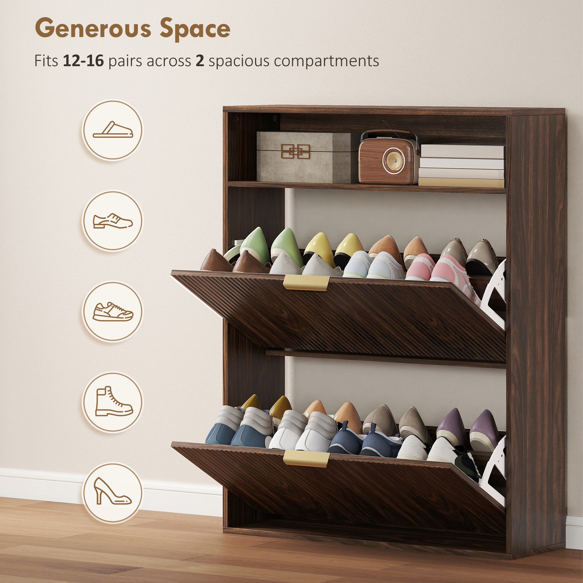 Shoe Cabinet with 2 Flip Drawers Narrow Shoe Storage Cabinet with Top Shelf for Entryway Hallway Coffee - Image 3