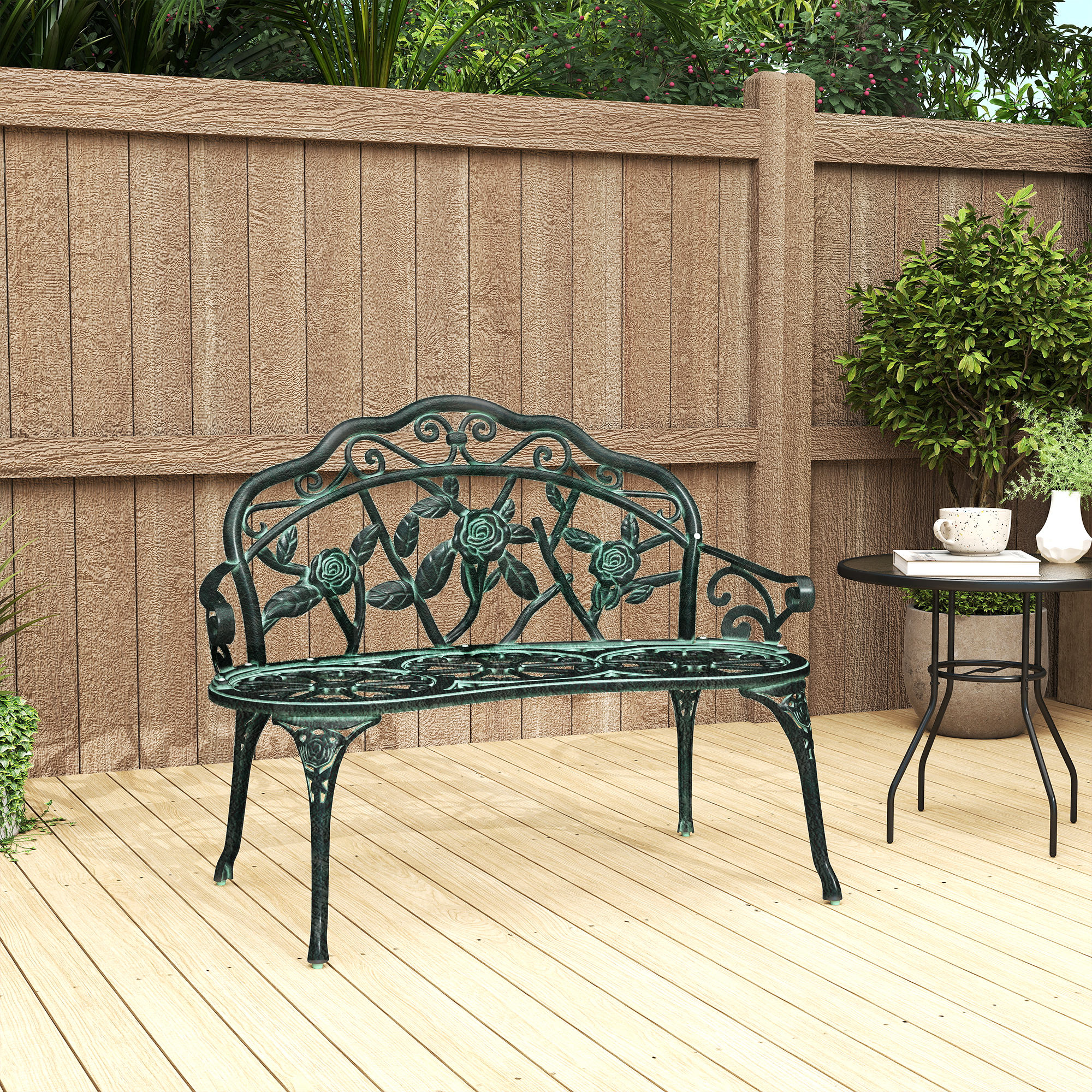 40" Outdoor Garden Bench, Cast Aluminum Antique Rose Style Patio Garden Park Loveseat Bench for Backyard, Porch, Balcony, Lawn, Green - Image 6