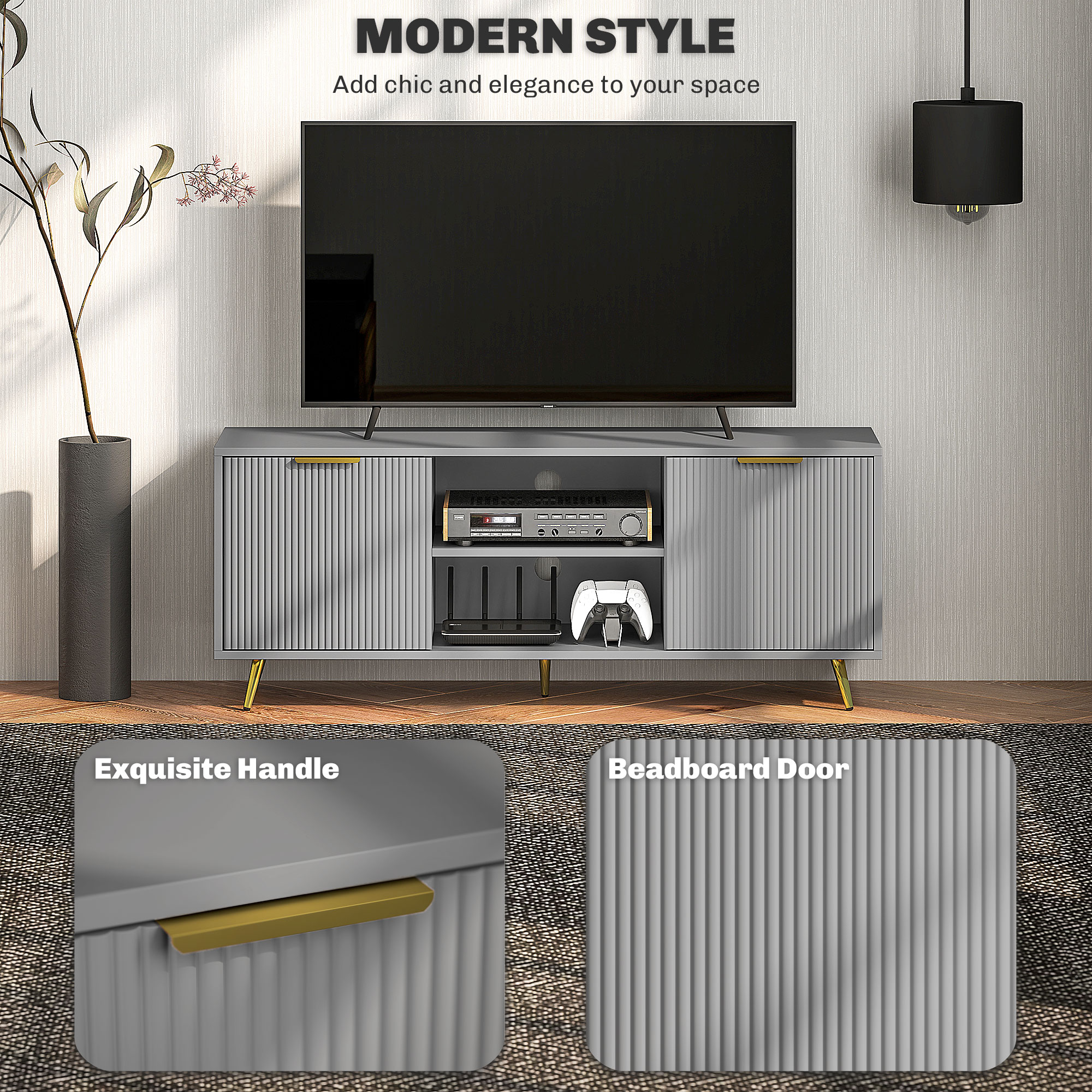 TV Stand with Storage for 55 Inch TV, Modern TV Cabinet with 2 Open Shelves and 2 Cabinets for Living Room, Grey - Image 2