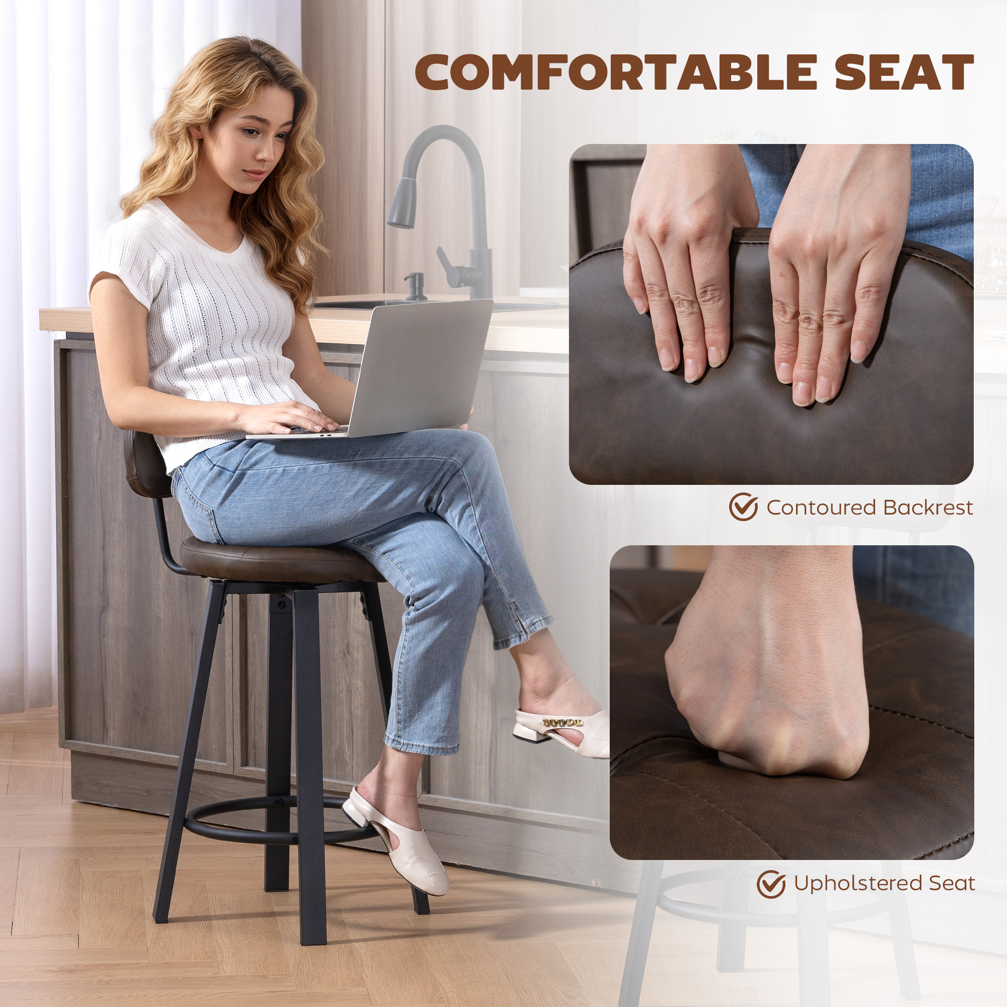 Bar Stools Set of 2, Upholstered Breakfast Bar Chairs with Footrest and Backrest for Kitchen Counter, Brown - Image 3