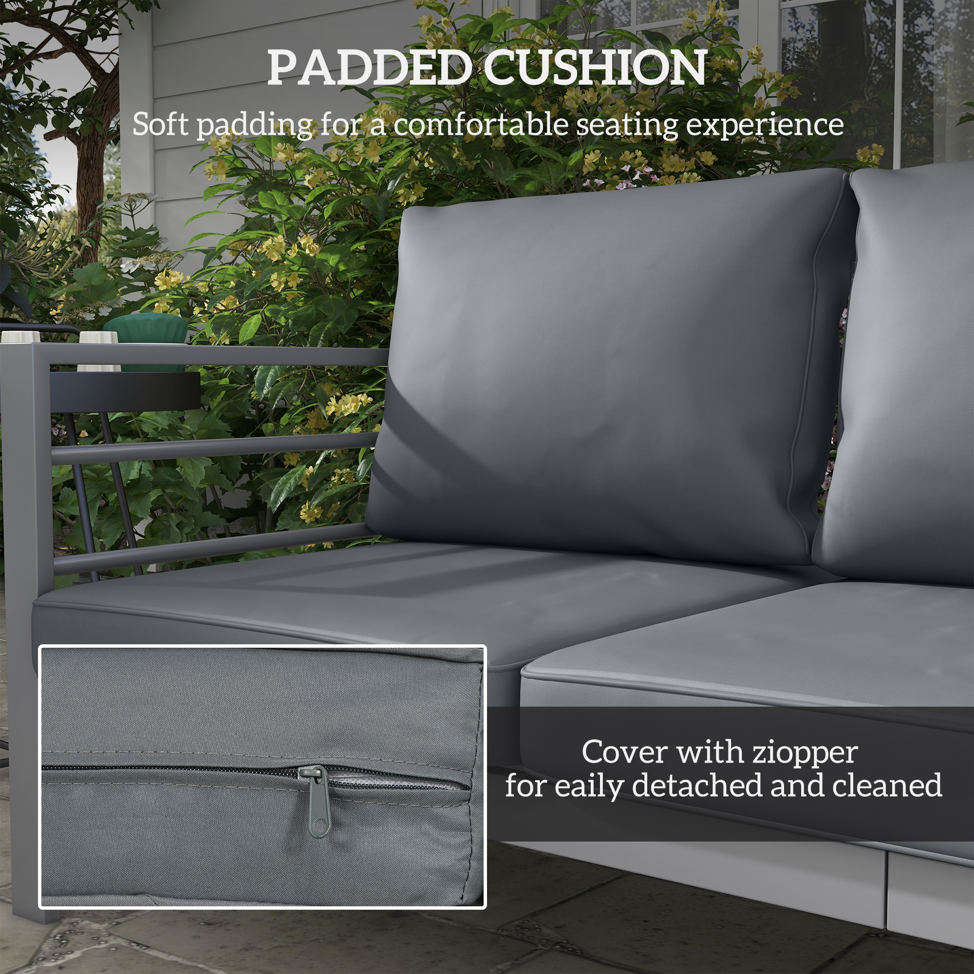 Aluminum Garden Sofa, 3-Person Outdoor Couch, Backyard Furniture for 3-person with Cushions, 72.8" x 26" x 25.2", Grey - Image 3