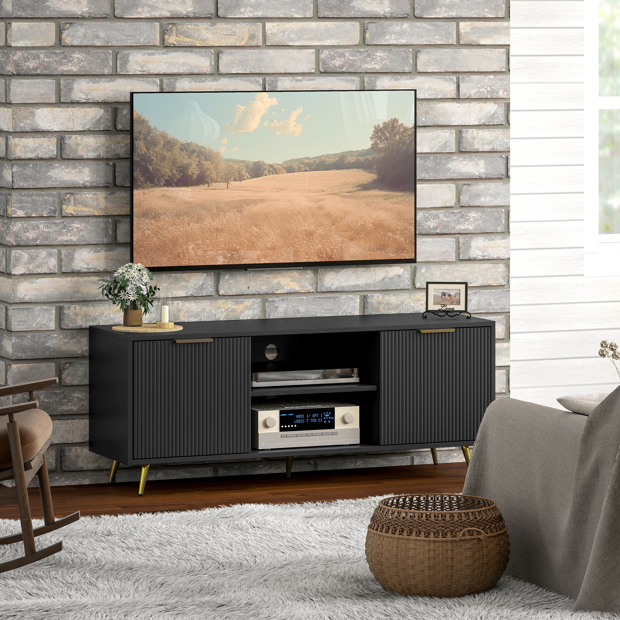 TV Stand with Storage for 55 Inch TV, Modern TV Cabinet with 2 Open Shelves and 2 Cabinets for Living Room, Black - Image 6