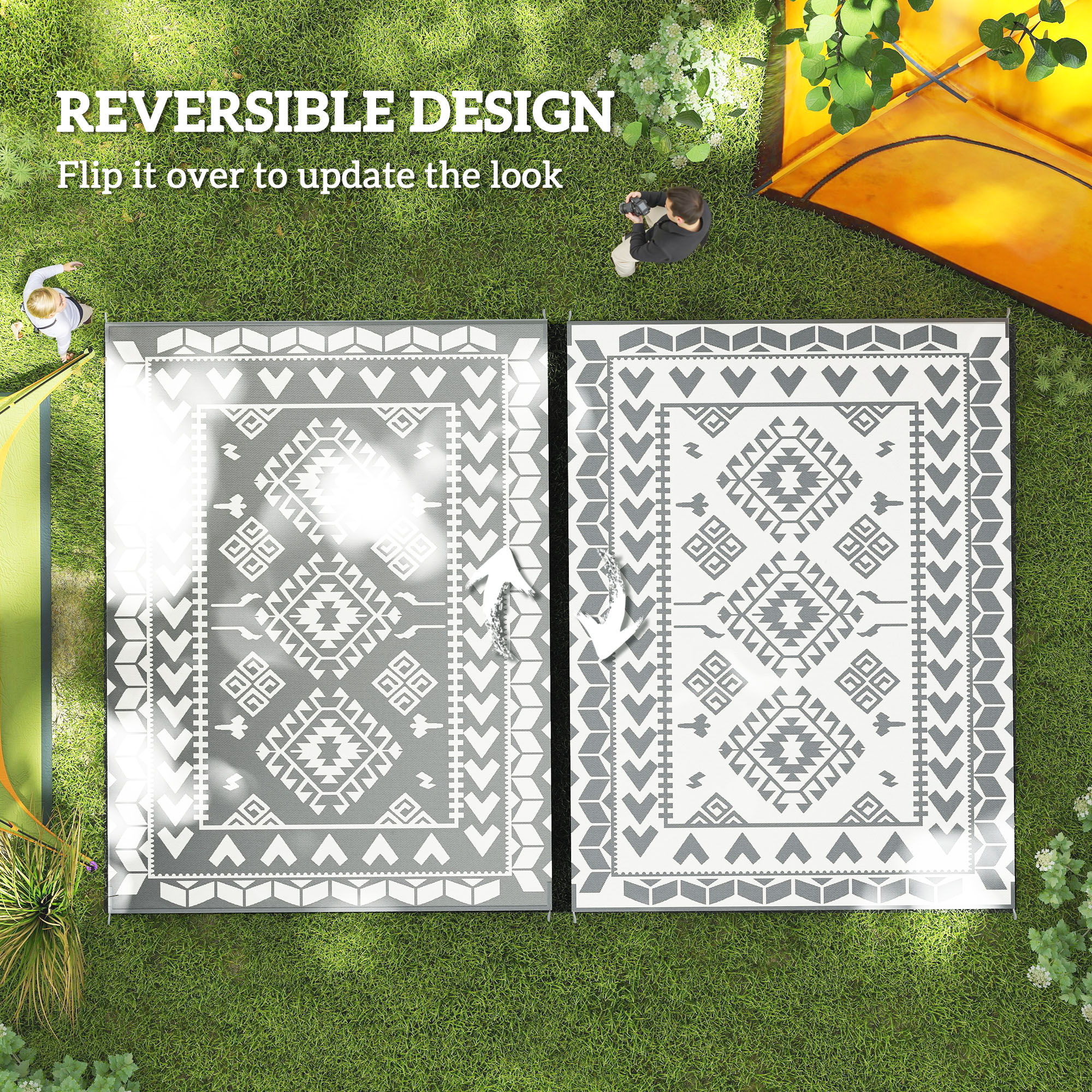 9' x 12' Outdoor RV Rug, Reversible Patio Floor Mat with Carry Bag, Rhombus Patchwork, Grey and White - Image 5