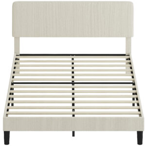 Queen Size Bed Frame with Adjustable Upholstered Headboard Platform Bed Frame Wood Slat Support Noise Free Light Grey