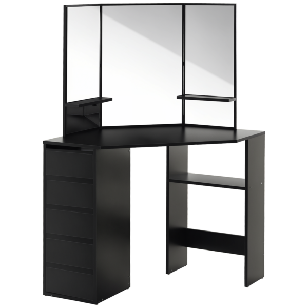 corner dressing table black ModernLuxe Assembly Required Corner Vanity Desk Set with Storage Cushioned  Stool and Charging Station Triangle Makeup Desk with Removable PullOut Side  Cabinet Glass Tabletop Makeup Vanity Desk with Drawer and Shelf Black