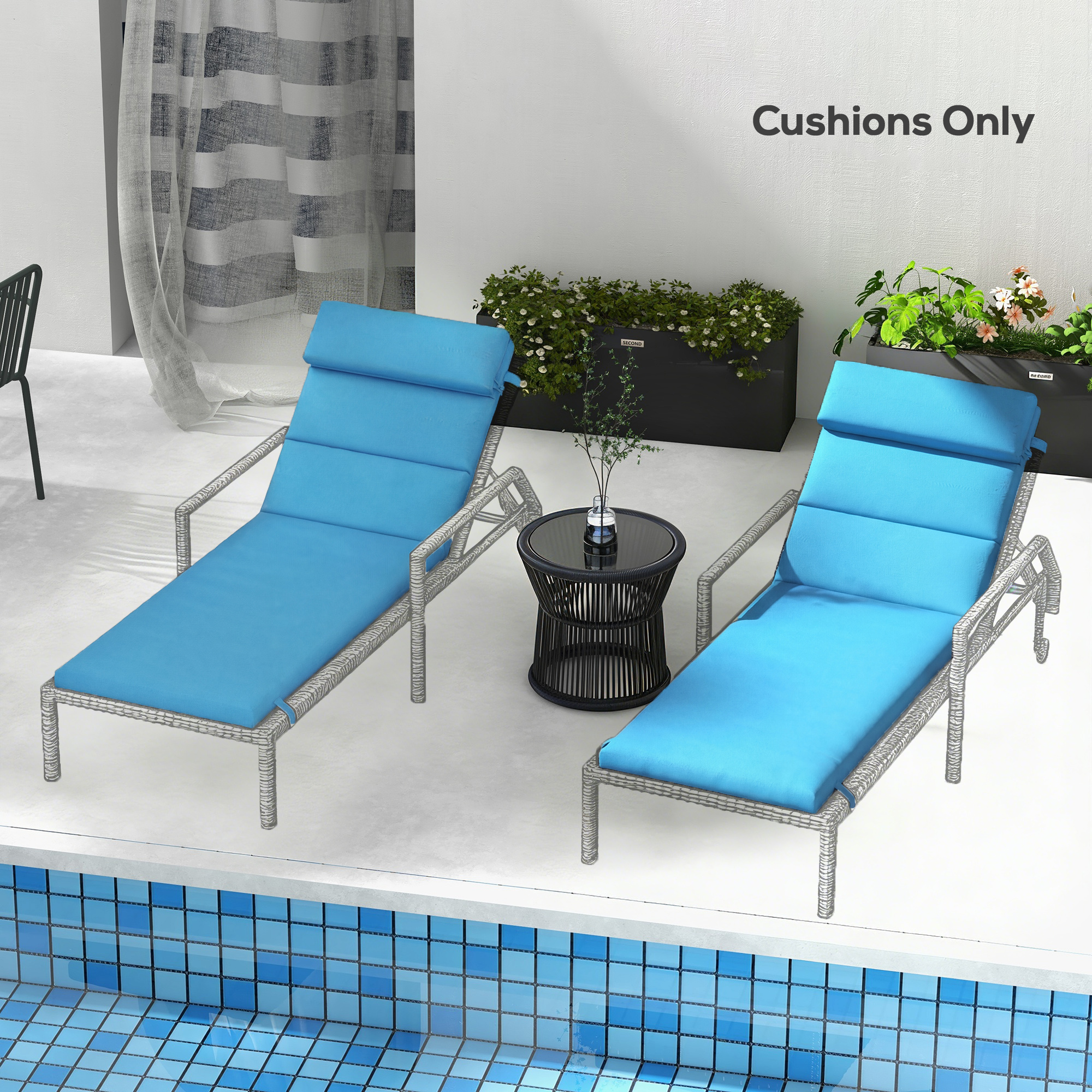 Patio Chaise Lounge Chair Cushions Replacement Sun Lounger Pads with Headrest and Ties, Set of 2, Turquoise - Image 5