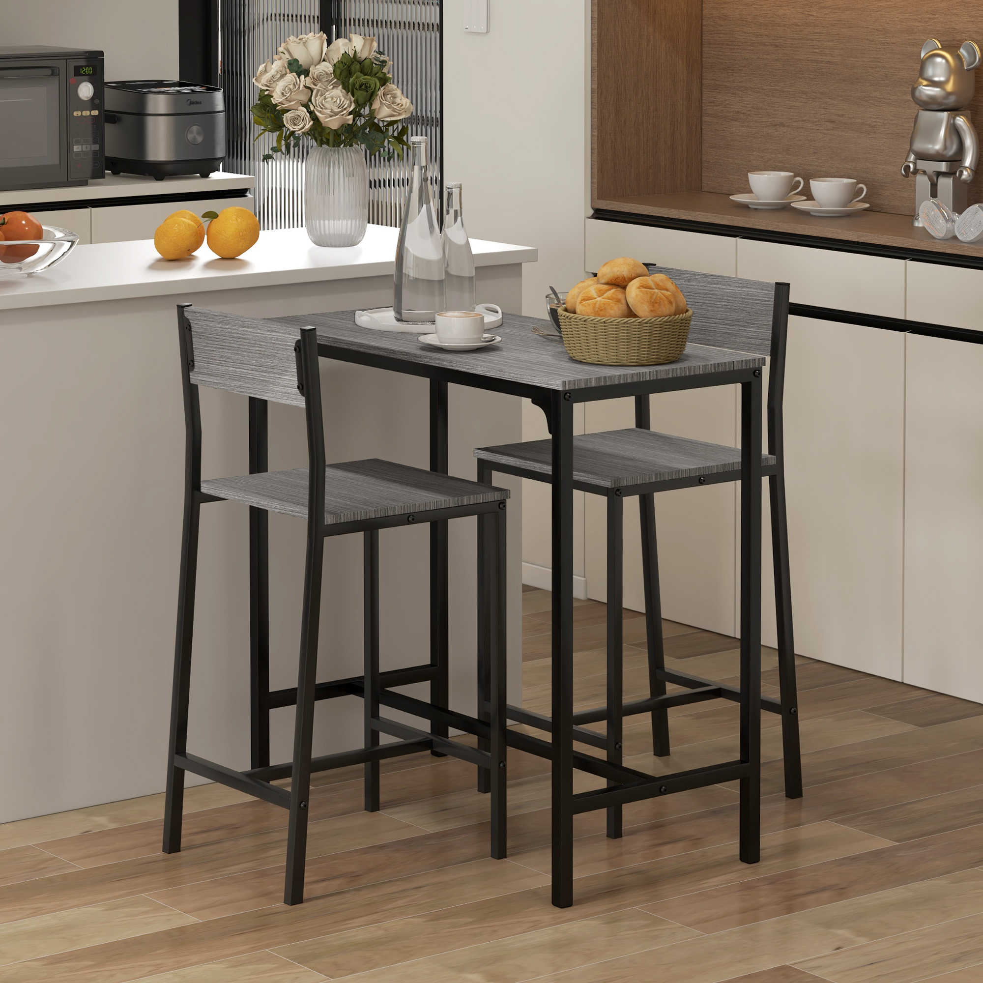Industrial Bar Table Set Counter Height 3 Piece and 2 High Back Stools Set Dining Table Set Grey - Image 6