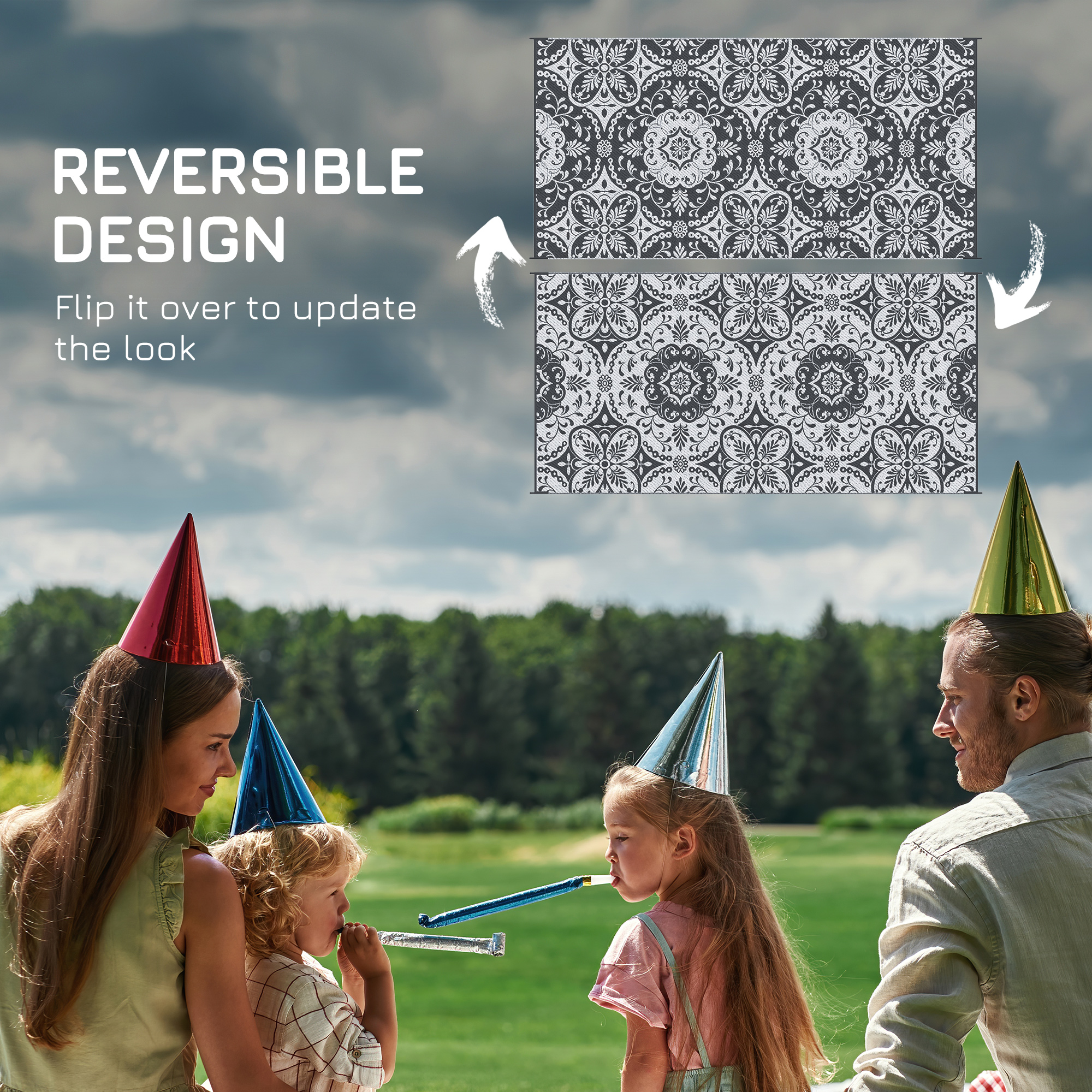 Portable Outdoor Rug with Carry Bag, 9' x 18' Reversible Mat, Waterproof Plastic Straw RV Rug for Backyard, Deck, Picnic, Beach, Camping, Gray & White Flower - Image 5