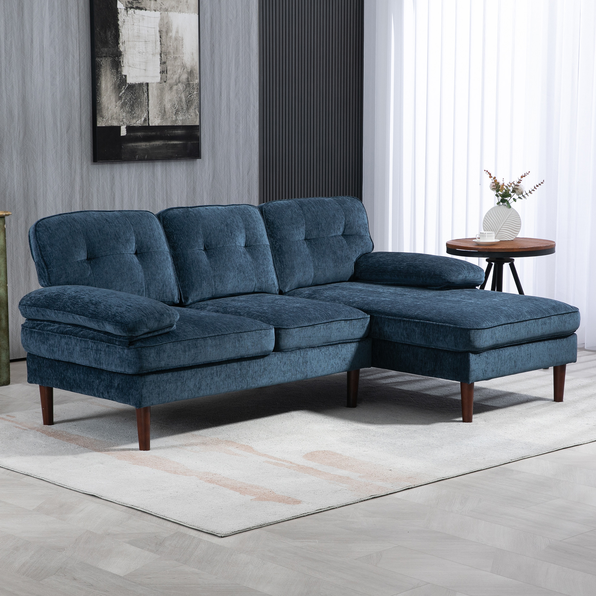 Modern Corner Couch with Right Chaise Lounge, Tufted 3-Seater Sofa with Wooden Legs for Living Room, Navy Blue - Image 6