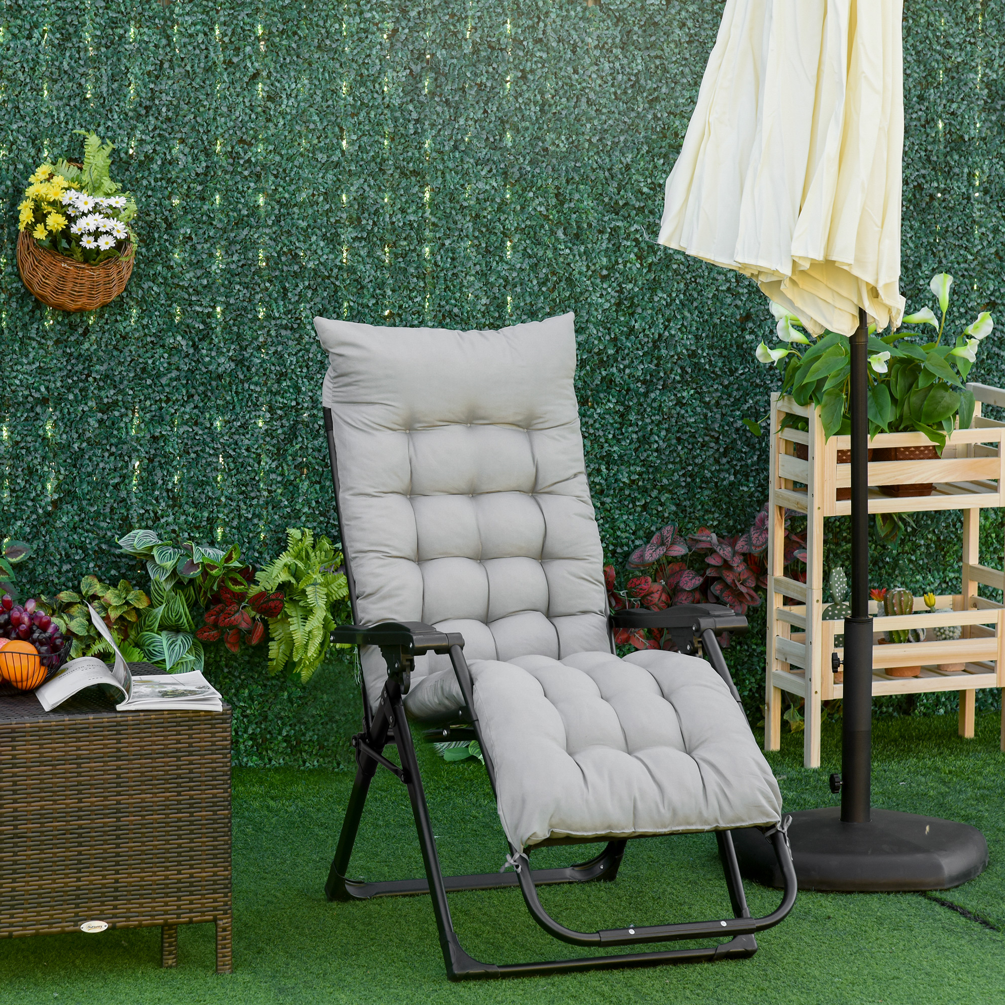 Reclining Zero Gravity Chair with Adjustable Backrest, Folding Garden Sun Lounger, Outdoor Recliner with Removable Cushion and Headrest, Light Grey - Image 6
